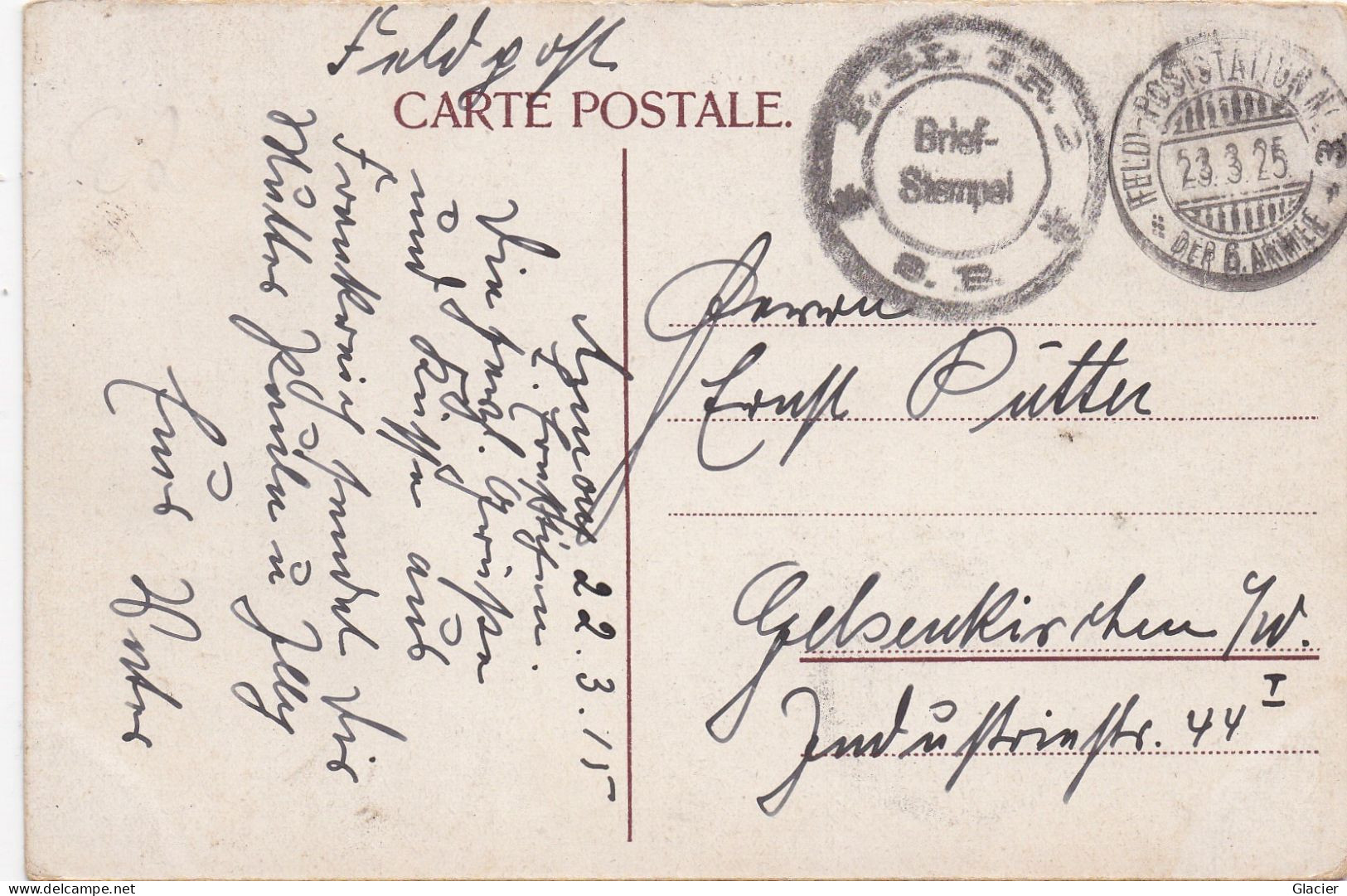 Cachet Feldpost - Feld-Poststation No 3 Der 6. Armee Sur CPA De Bruxelles - Armée Allemande