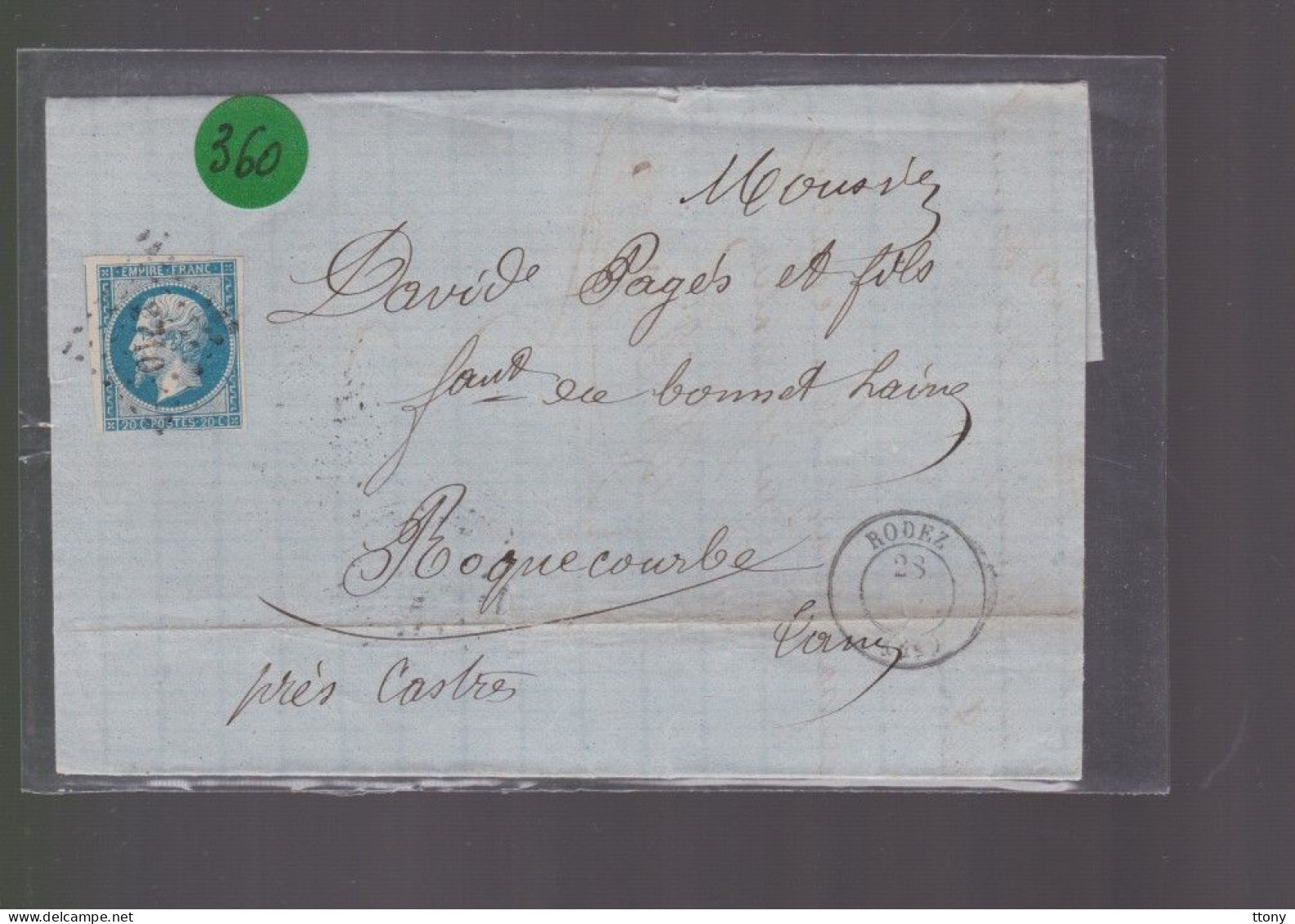 Un  Timbre     Napoléon III   N° 14  20 C Bleu   Sur Lettre  1861  Roquecourbe  Près De Castre - 1853-1860 Napoléon III