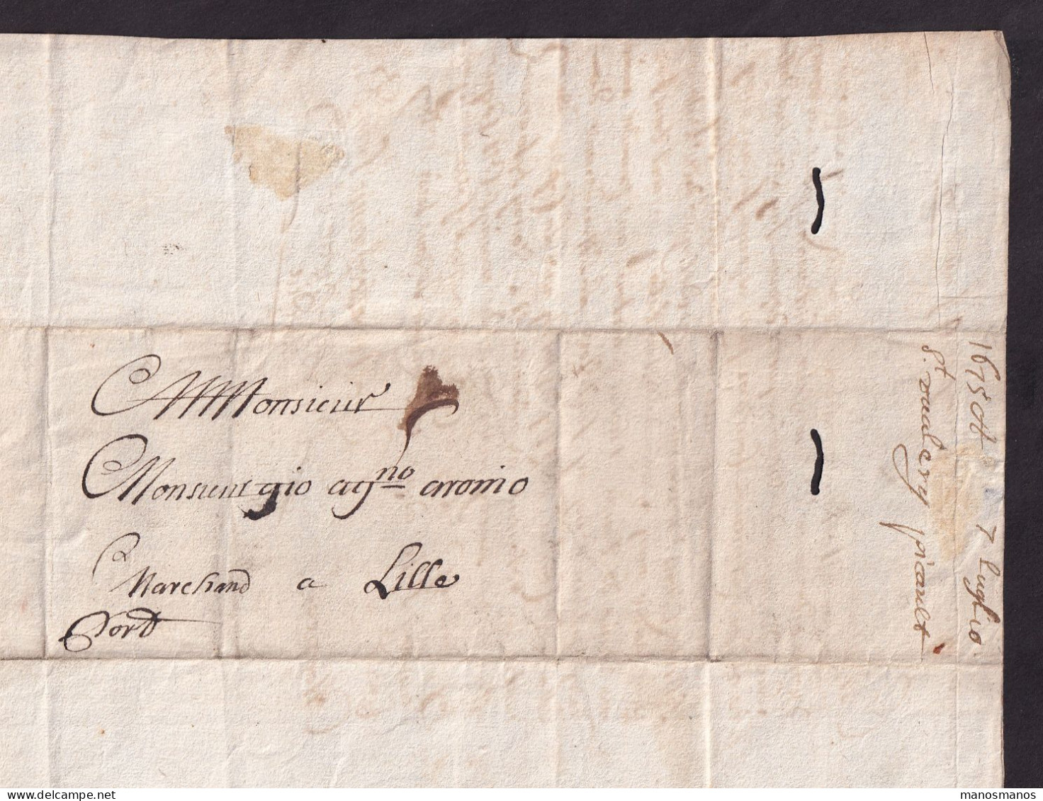 DDGG 055 - Lettre Précurseur ST VALERY 1675 Vers LILLE - Port à L'encre 5 Sols - ....-1700: Precursori