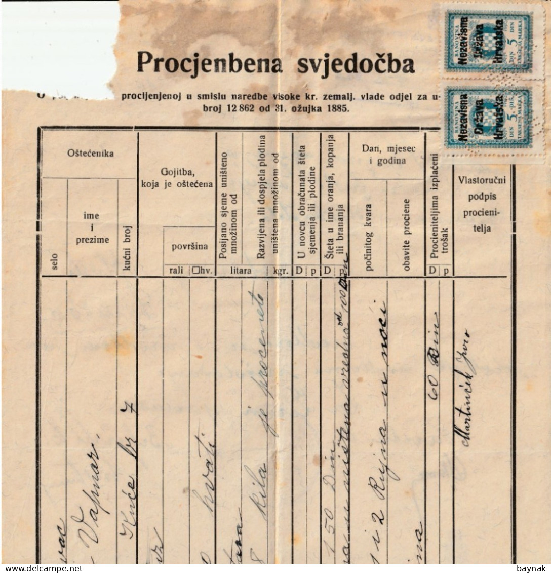 CROATIA  --  NDH  - NEZAVISNA DRZAVA HRVATSKA  -  PODVRH,  SAMOBOR  -   TAX STAMP, BILJEG  -  PROCJENBENA SVJEDOCBA - Historische Documenten