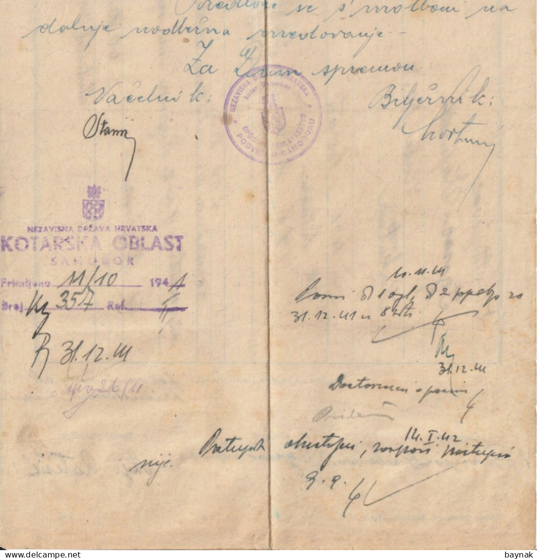 CROATIA  --  NDH  - NEZAVISNA DRZAVA HRVATSKA  -  PODVRH,  SAMOBOR  -   TAX STAMP, BILJEG  -  PROCJENBENA SVJEDOCBA - Documents Historiques