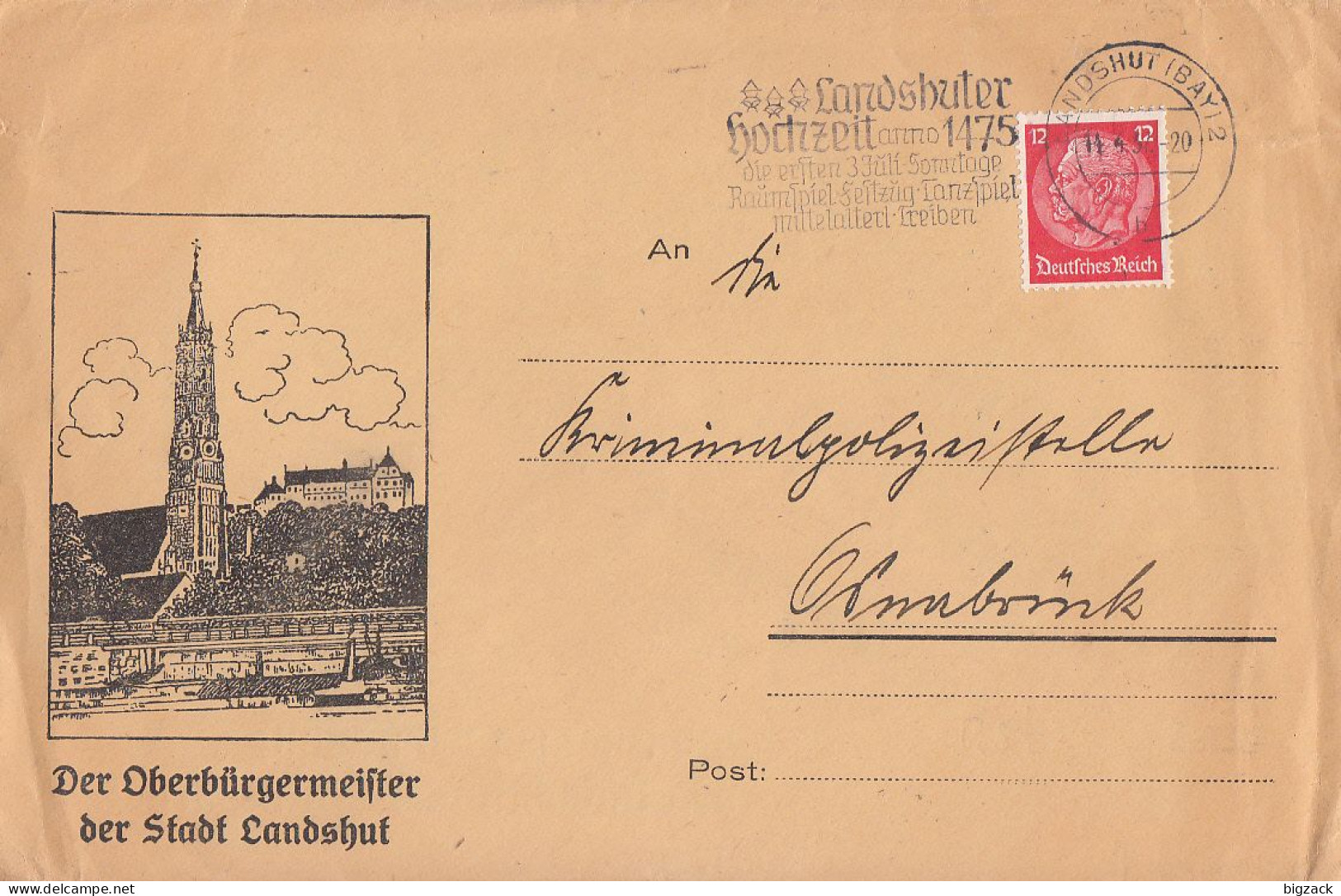 DR Werbebrief Der Stadt Landshut EF Minr.519 Landshut 11.4.37 Gel. Nach Osnabrück - Cartas & Documentos