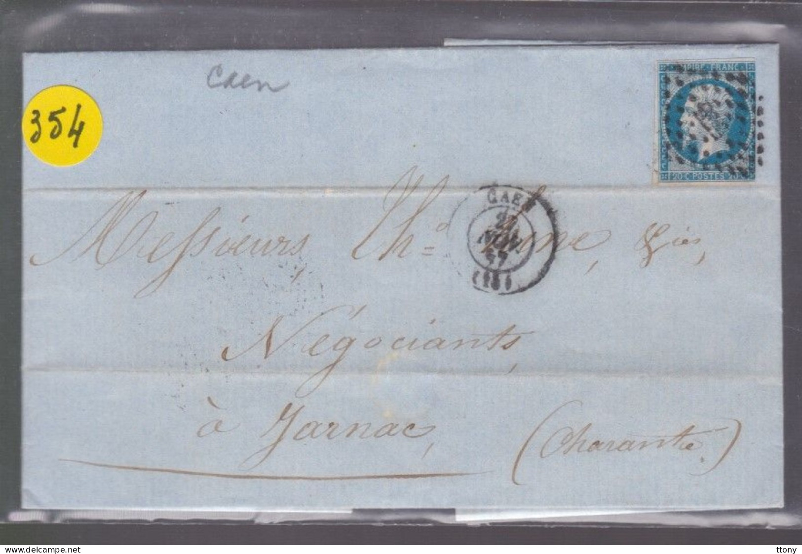 Un  Timbre  Napoléon III   N° 14  20 C Bleu  Lettre  1857 Représentant De Commerce à Venoix Pour Jarnac - 1853-1860 Napoléon III.