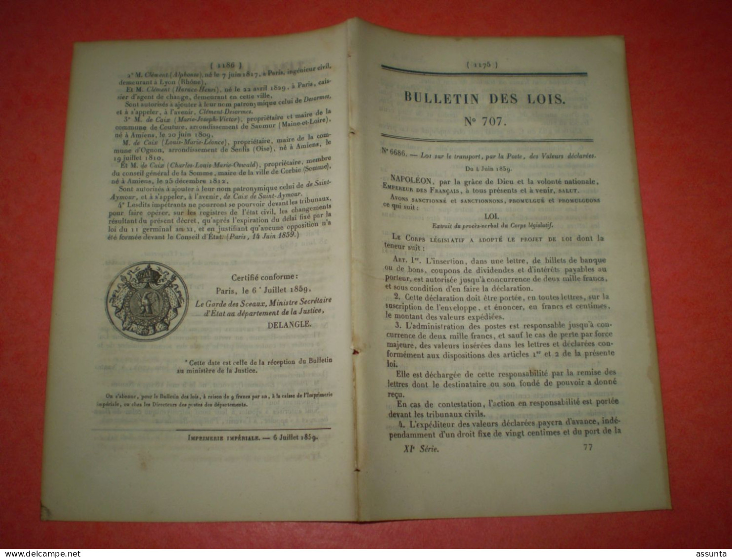 Bulletin Des Lois Napoléon Poste Aux Lettres: Transport Des Valeurs Déclarées. Expropriations à Cherbourg. Algérie - Decreti & Leggi