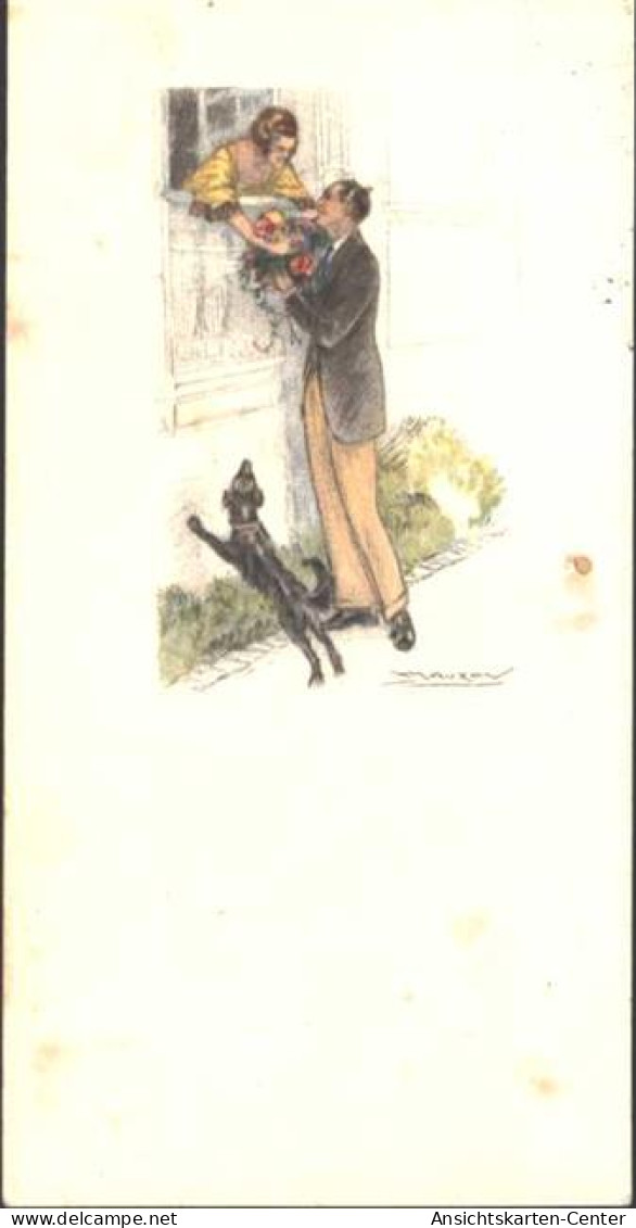 13810405 - Mann Mit Blumenstrauss Und Hund Am Fenster Einer Frau, Zeichnung Von Mauzan, 13,5 Cm X 7 Cm - Mauzan, L.A.