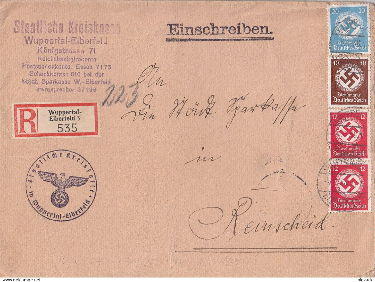 DR Dienst R-Brief Mif Minr.137,2x 138,140 Wuppertal-Elberfeld 6.1.38 Gel. Nach Remscheid - Oficial