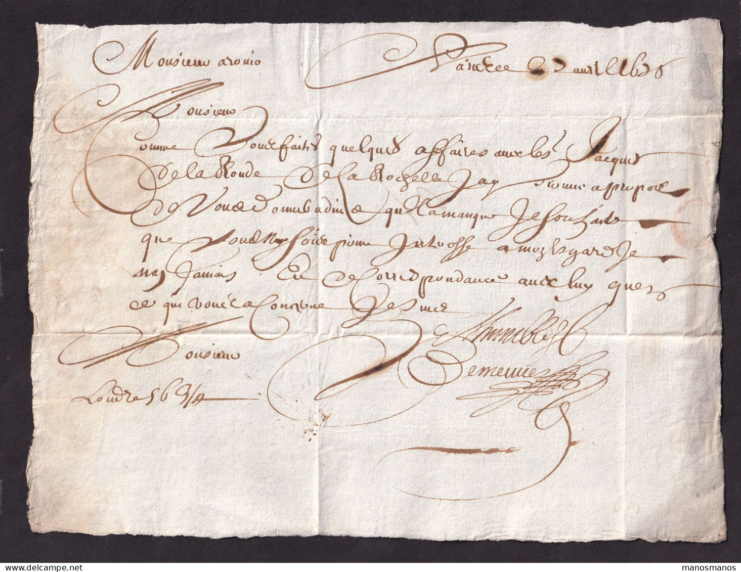 DDGG 056 - Lettre Précurseur PARIS 1678 Vers LILLE - Port à L'encre 10 Sols - ....-1700: Voorlopers