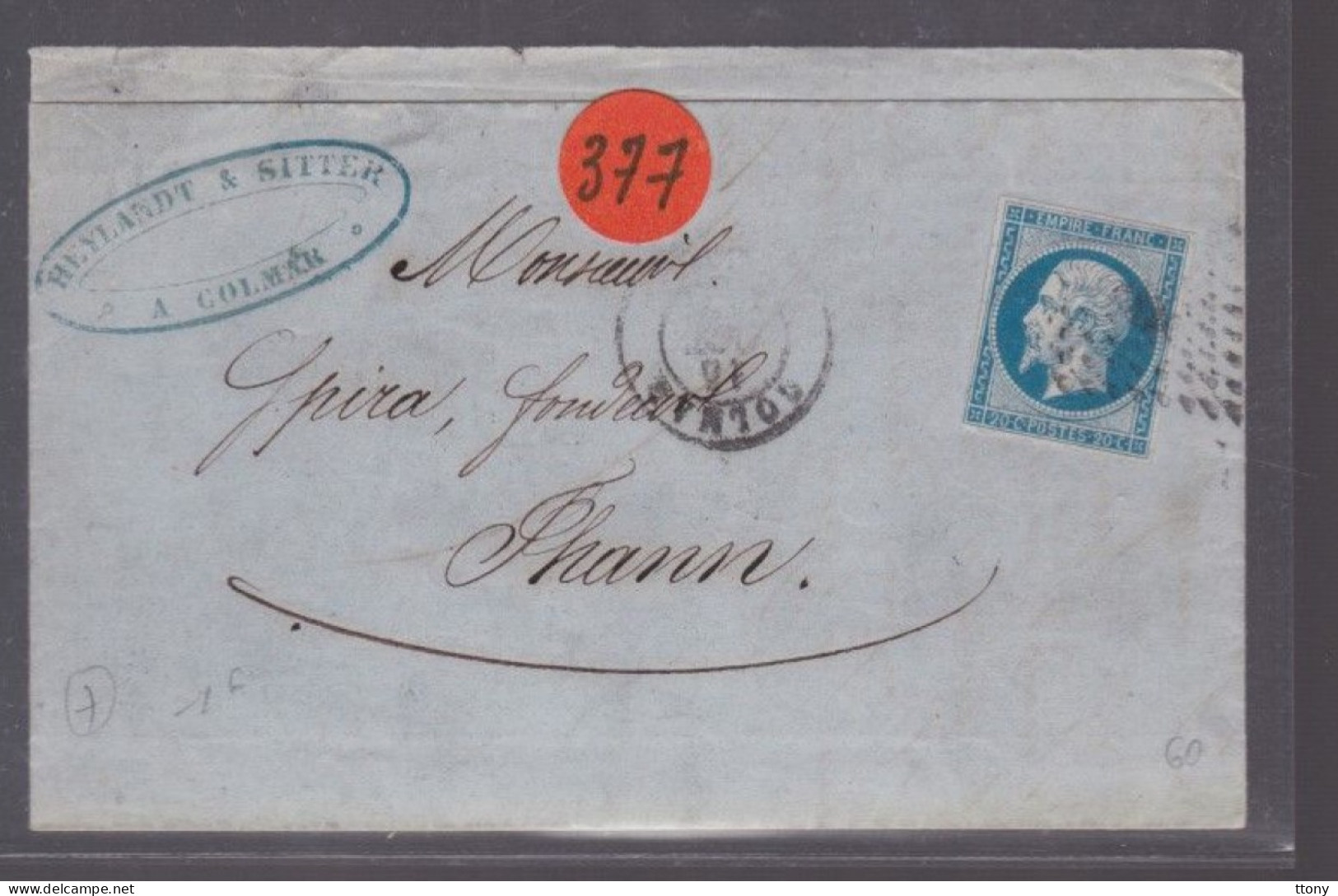 Un  Timbre  Napoléon III   N° 14  20 C Bleu  Lettre   Départ Colmar  Dépôt De Zinc  1857  Destination  Thann - 1853-1860 Napoléon III.