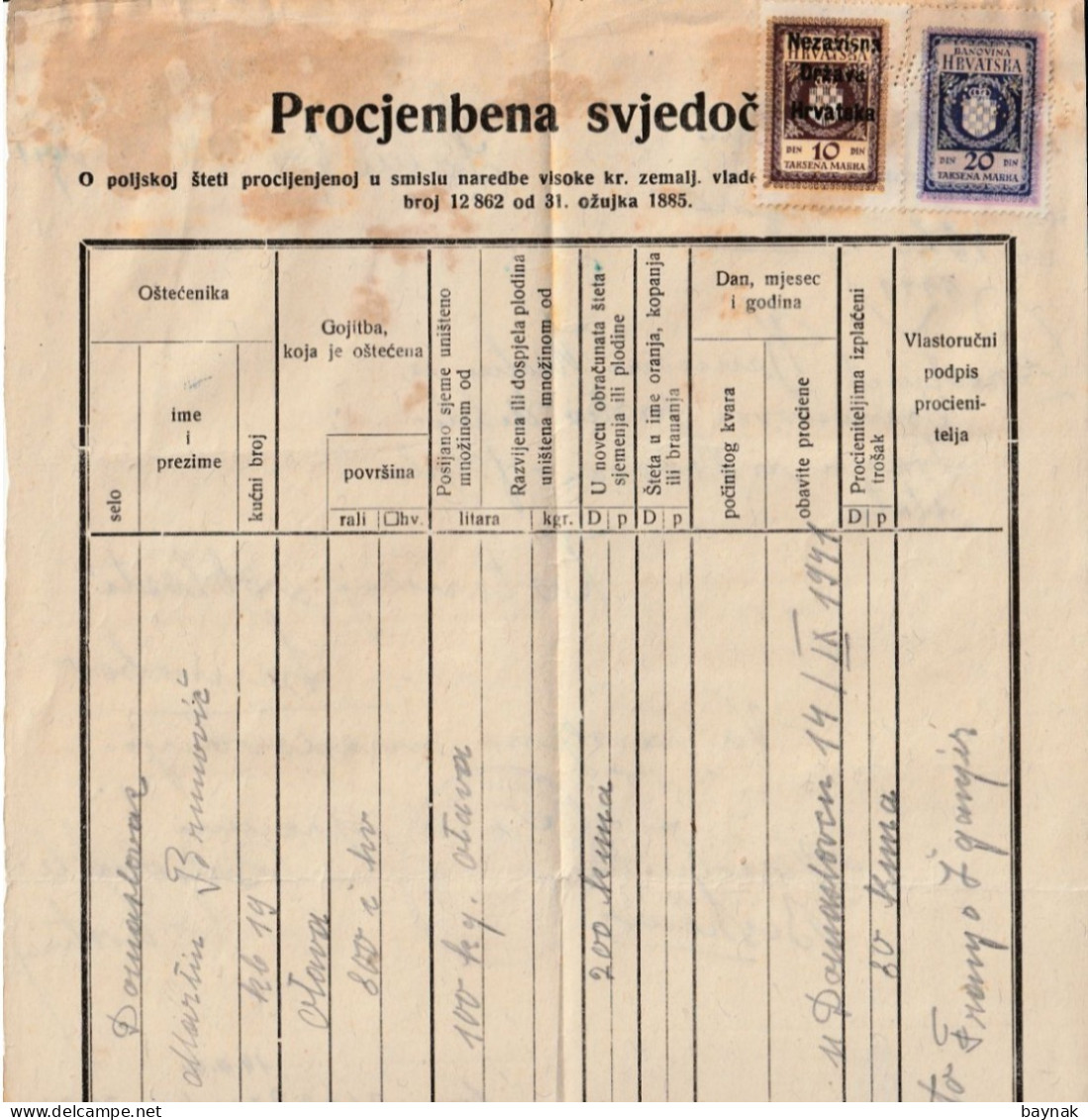 CROATIA  --  NDH  - NEZAVISNA DRZAVA HRVATSKA  -  PODVRH,  SAMOBOR  -   TAX STAMP, BILJEG  -  PROCJENBENA SVJEDOCBA - Documents Historiques