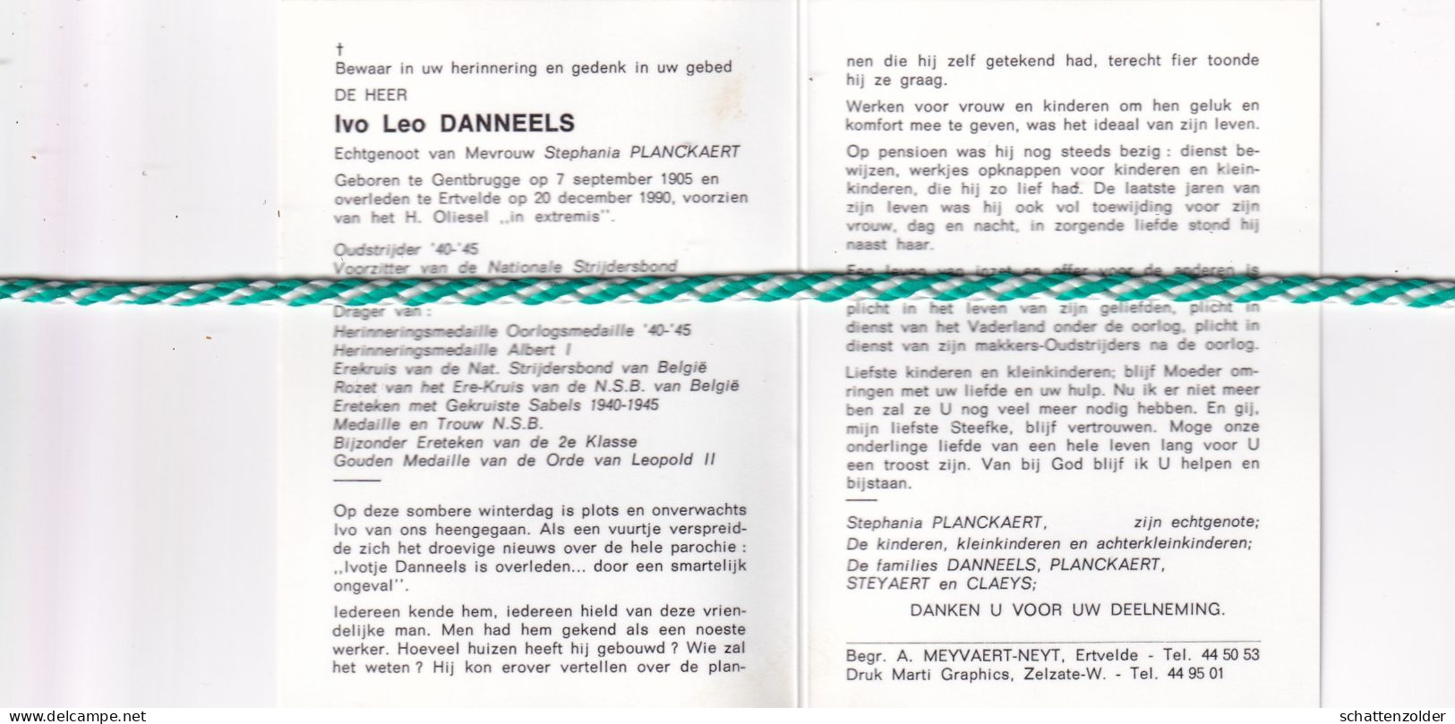 Ivo Leo Danneels-Planckaert, Gentbrugge 1905, Ertvelde 1990. Oud-strijder 40-45; Foto - Obituary Notices