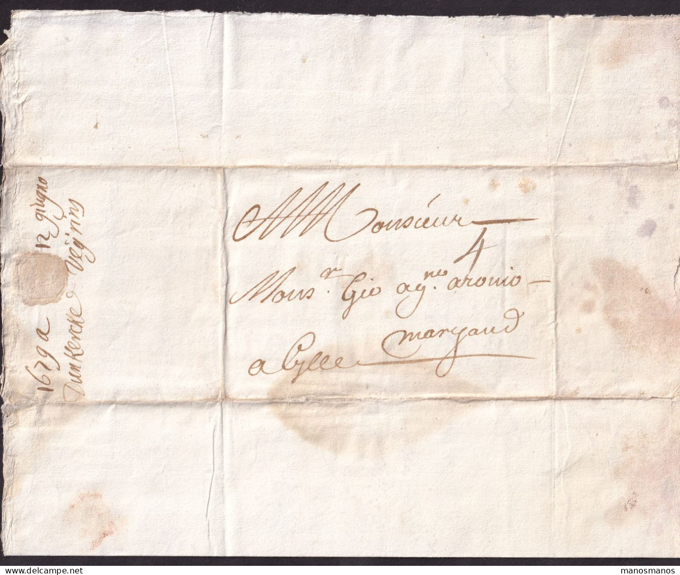 DDGG 057 - Lettre Précurseur DUNKERCKE (DUNKERQUE) 1679 Vers LILLE - Port à L'encre 4 Sols - ....-1700: Vorläufer