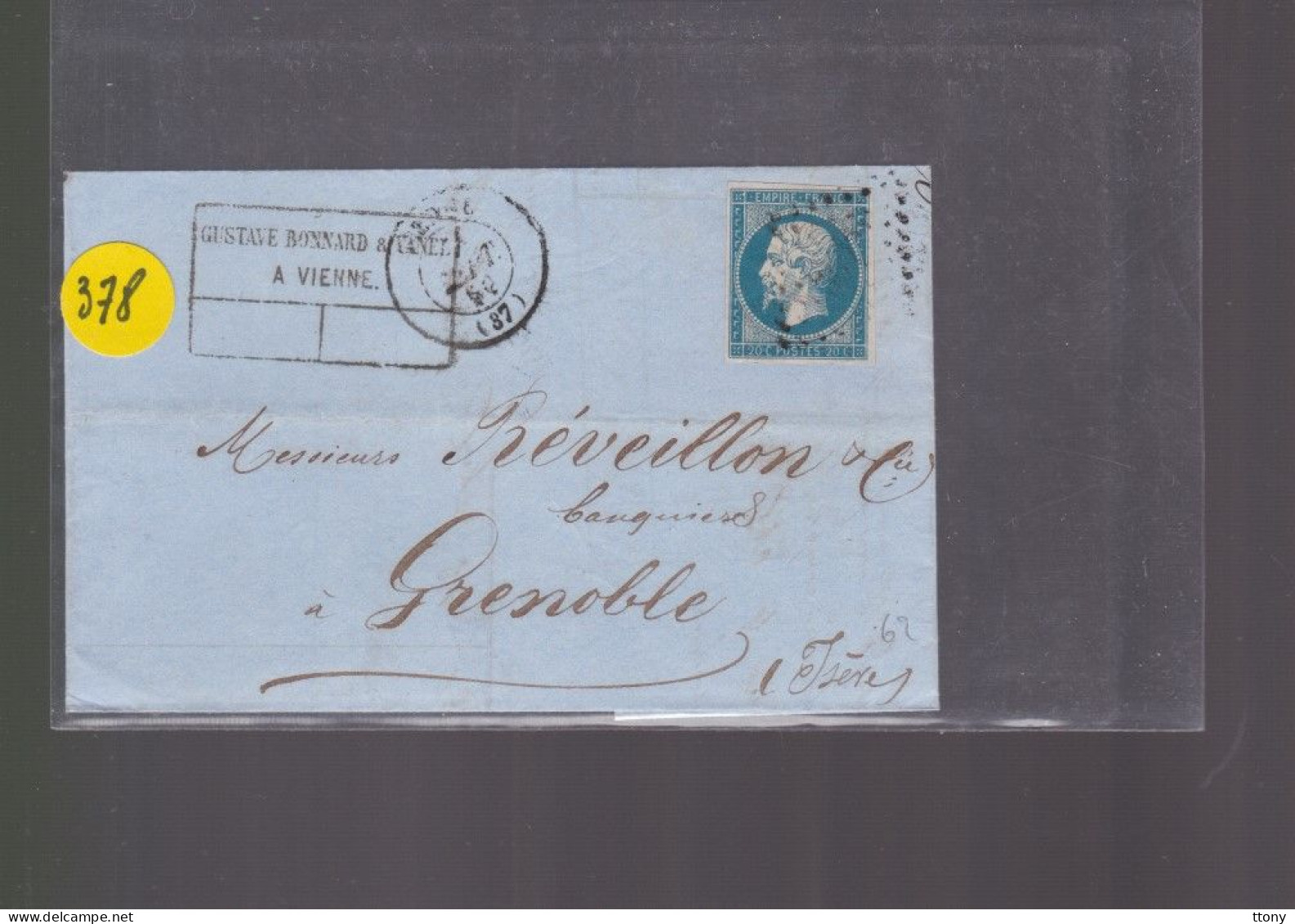 Un  Timbre  Napoléon III   N° 14  20 C Bleu  Lettre   Départ Vienne     1859   Destination   Grenoble - 1853-1860 Napoleon III