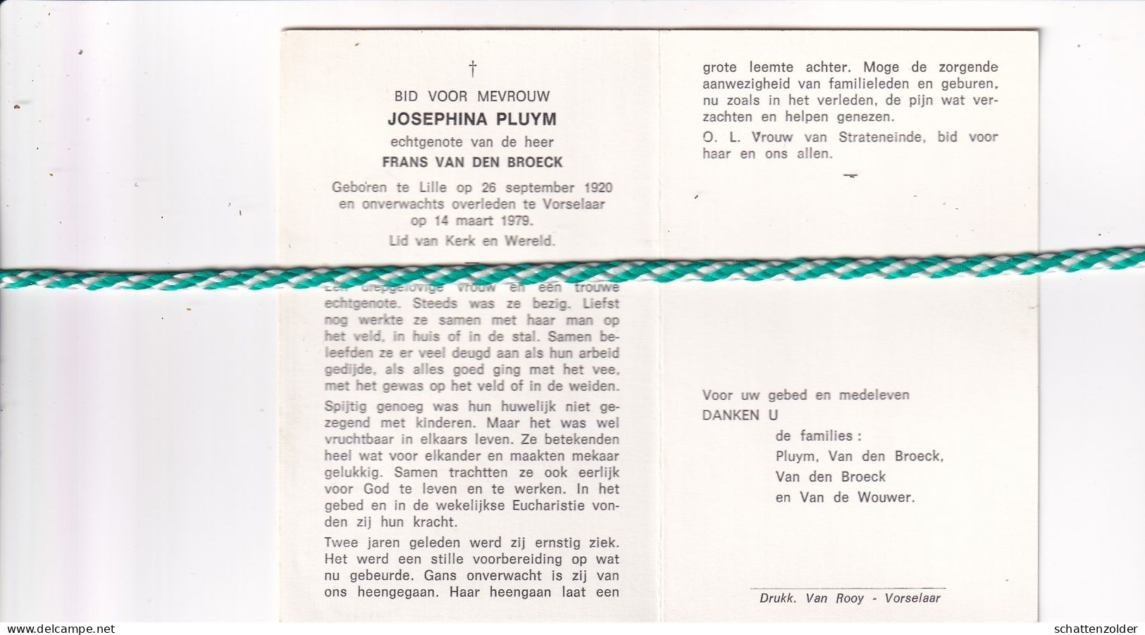 Josephina Pluym-Van Den Broeck, Lille 1920, Vorselaar 1979 - Todesanzeige