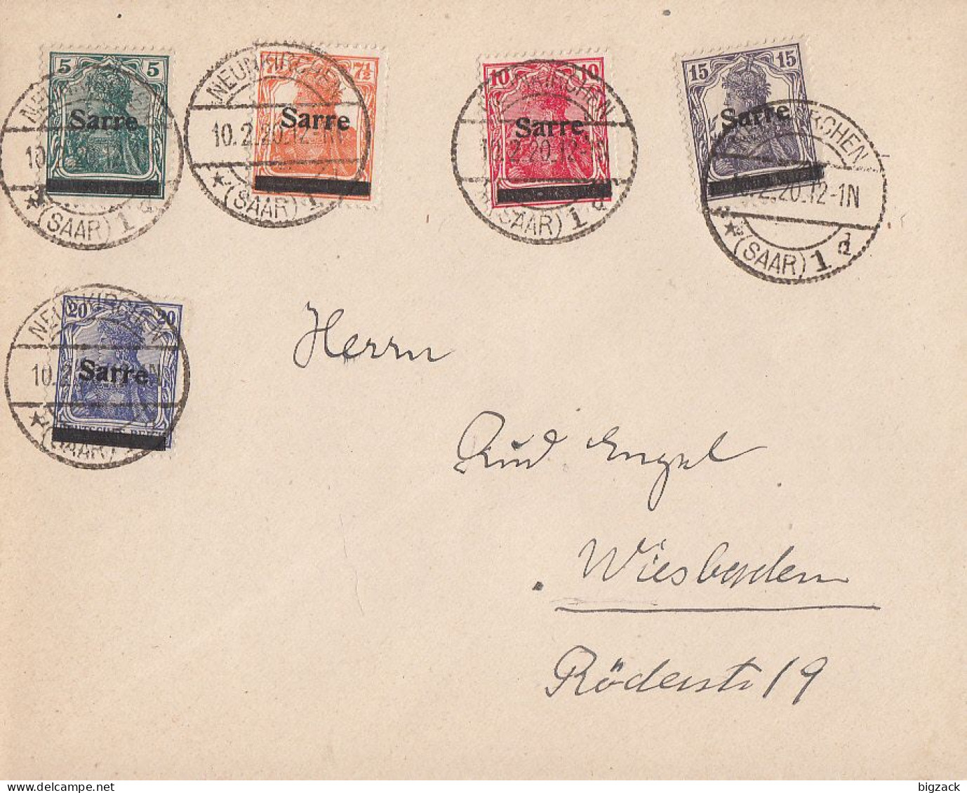 Saargebiet Brief Mif Minr.4,5,6,7,8 Neunkirchen 10.2.20 Gel. Nach Wiesbaden - Covers & Documents