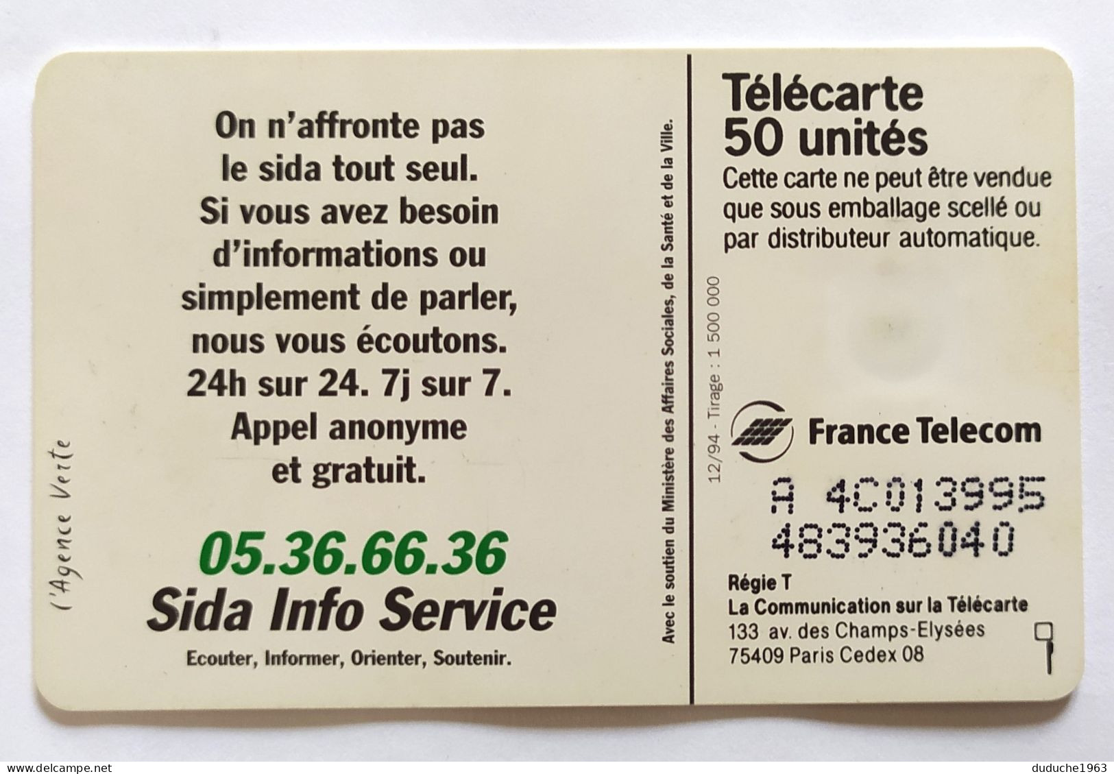 Télécarte France - Sida Info Service - Non Classés