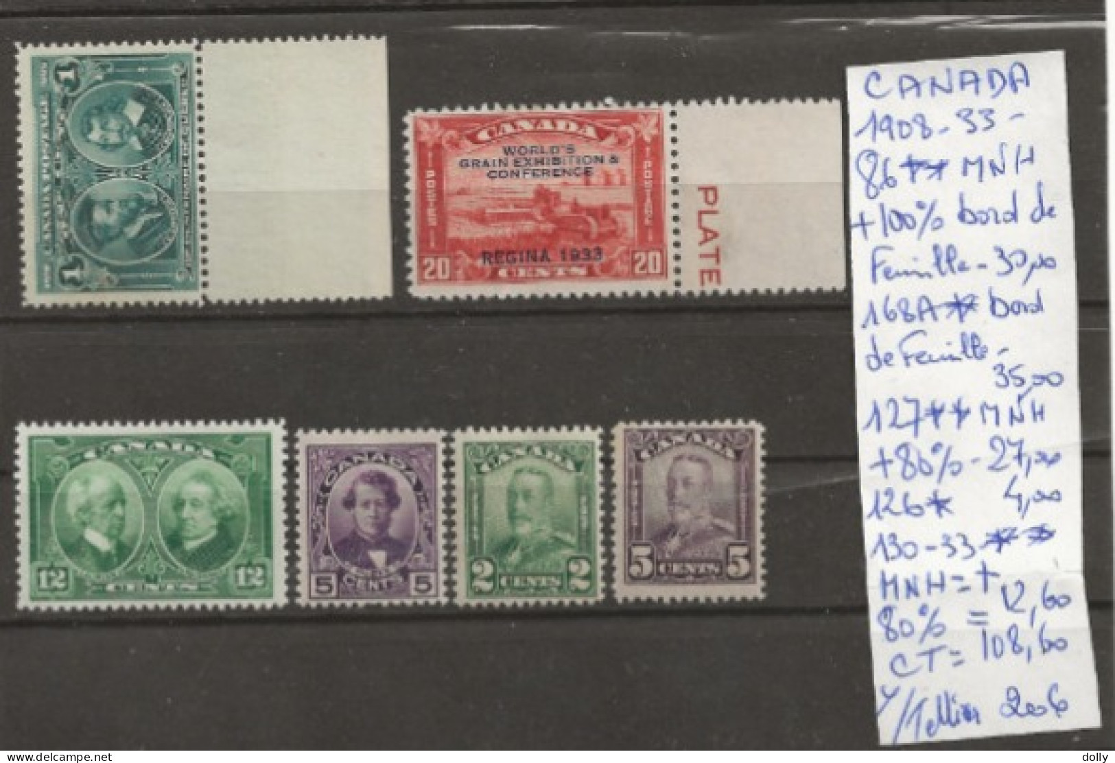 TIMBRE DU CANADA NEUF **/* DE 1908/33   Nr VOIR SUR PAPIER AVEC TIMBRES COTE 108.60  € - Unused Stamps