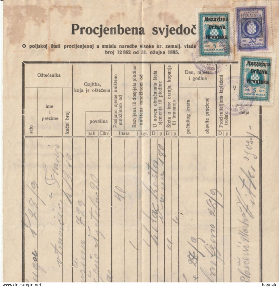 CROATIA  --  NDH  - NEZAVISNA DRZAVA HRVATSKA  -   SAMOBOR  -   TAX STAMP, BILJEG  -  PROCJENBENA SVJEDOCBA - Historical Documents