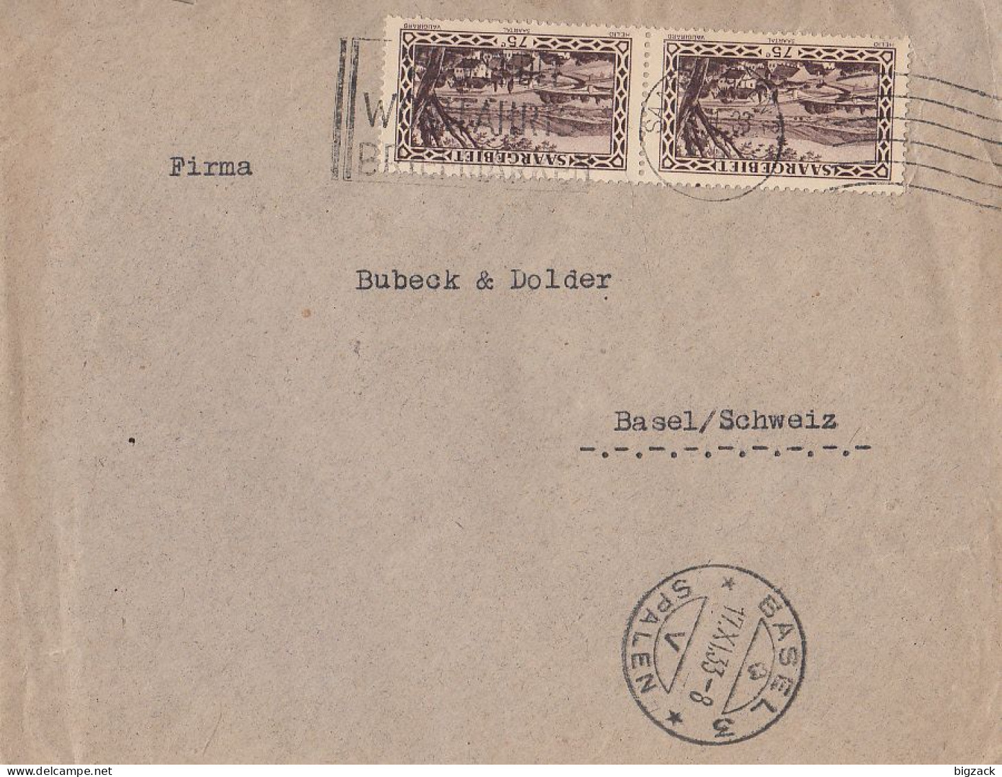 Saargebiet Brief Mef Minr.2x 115 Saarbrücken Gel. In Schweiz - Brieven En Documenten