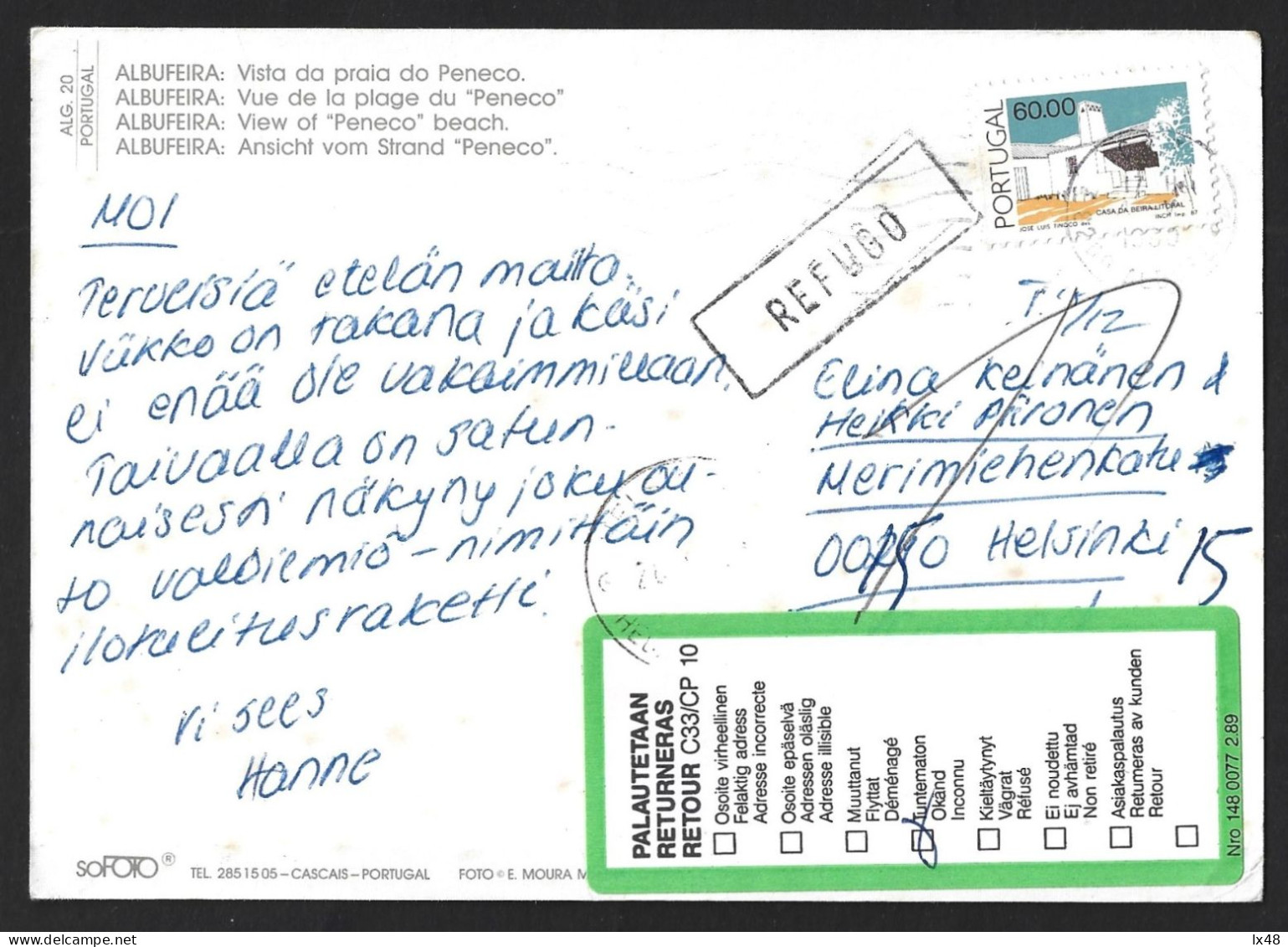 Postcard Praia Da Albufeira Sent To Finland And Returned To Sender. Refuse. Refugo. Postal Da Albufeira Enviado Para Fin - Lettres & Documents