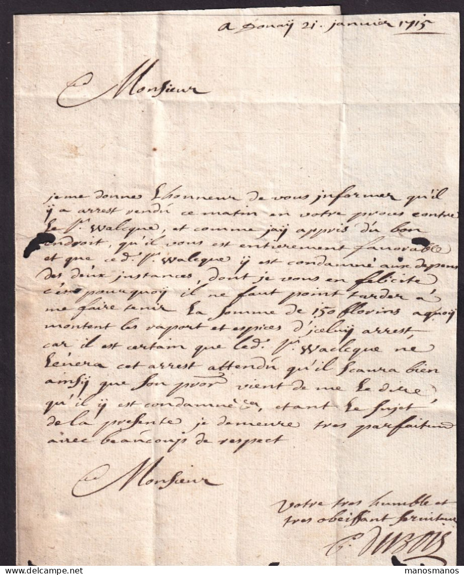 DDGG 058 - Lettre Précurseur Marque En Creux DOUAY (DOUAI) 1715 Vers BRUXELLES - Port à L'encre 6 Sols - Cito Cito = XP - 1701-1800: Vorläufer XVIII