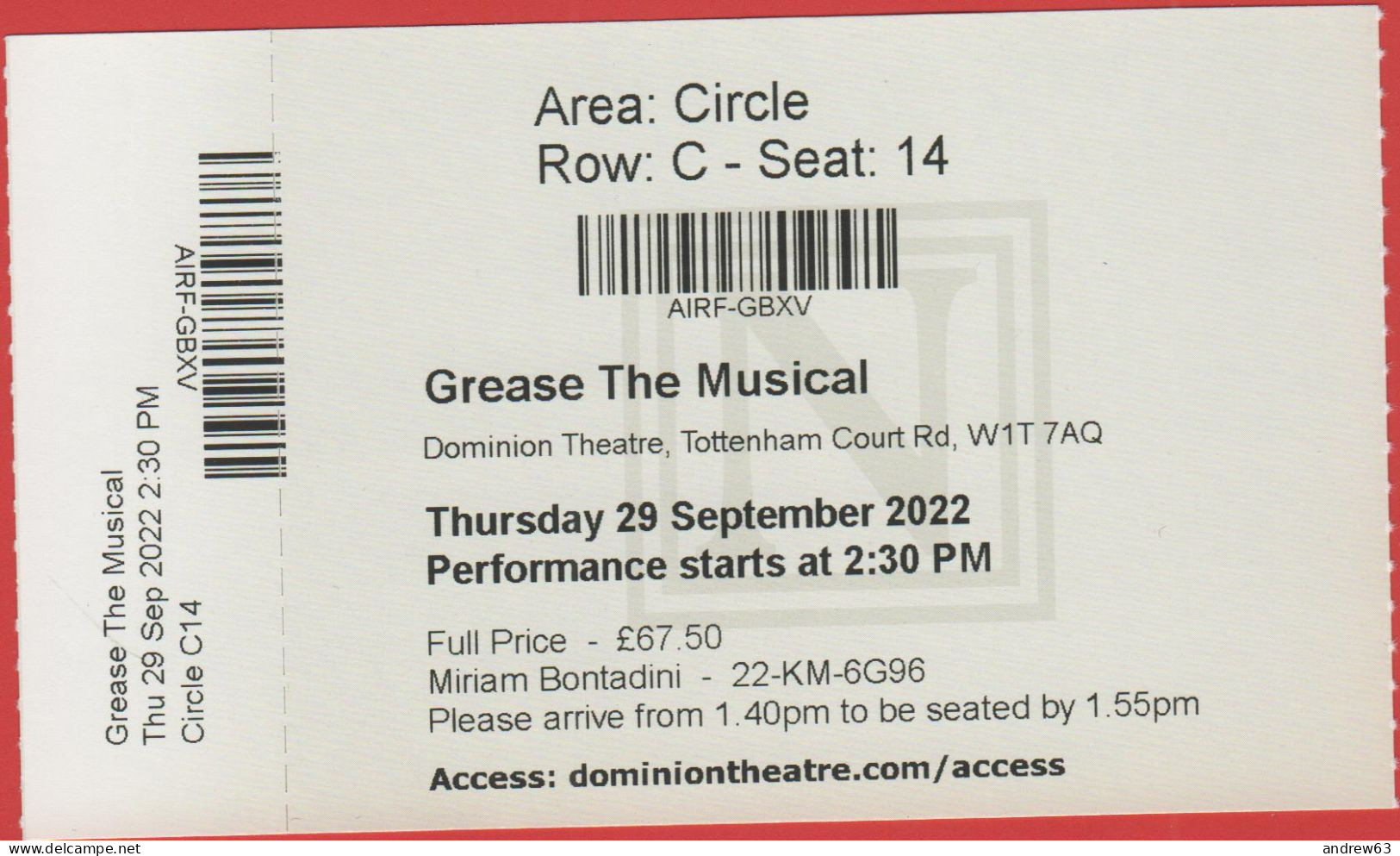 GB - Regno Unito - GREAT BRITAIN - UK - Londra - Dominion Theatre - Ticket - Grease The Musical - Used - Toegangskaarten