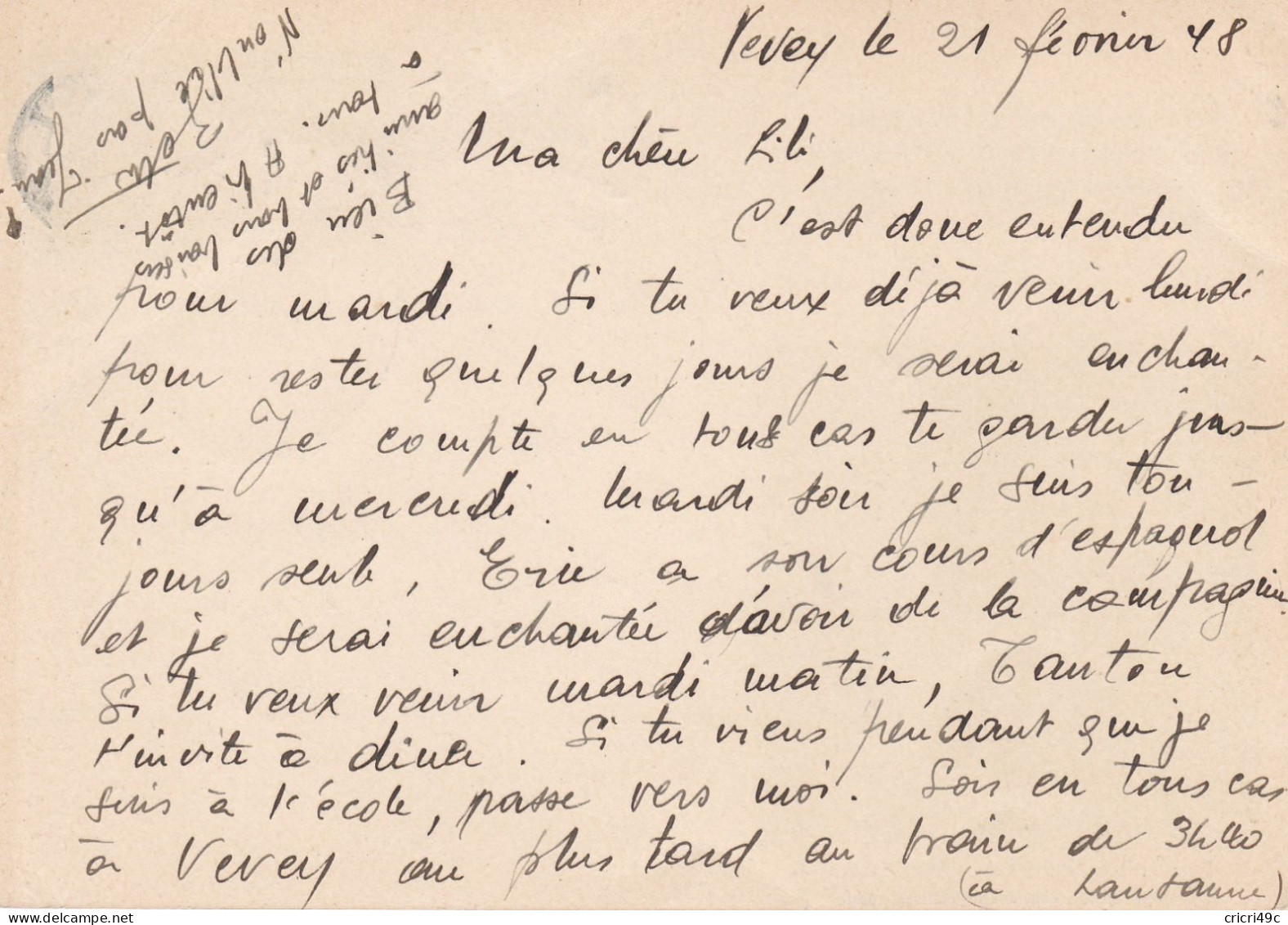 SUISSE Le 21 Février 1948 Carte Postale Des 100 Ans Du Chemins De Fer 1847 -1947 - Lettres & Documents