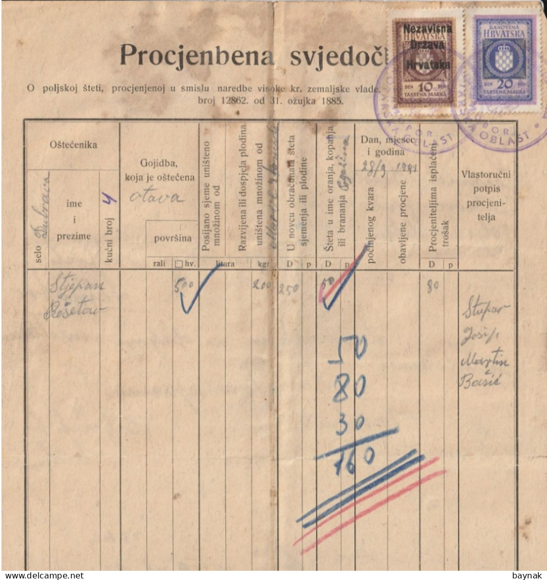 CROATIA  --  NDH  - NEZAVISNA DRZAVA HRVATSKA  -   SAMOBOR  -   TAX STAMP, BILJEG  -  PROCJENBENA SVJEDOCBA - Documents Historiques