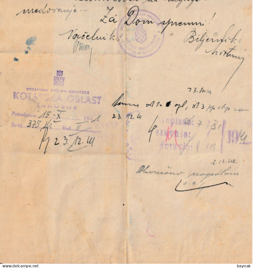 CROATIA  --  NDH  - NEZAVISNA DRZAVA HRVATSKA  -   SAMOBOR  -   TAX STAMP, BILJEG  -  PROCJENBENA SVJEDOCBA - Historical Documents