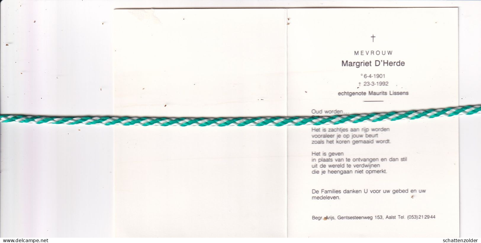 Margriet D'Herde-Lissens, 1901, 1992. Foto - Obituary Notices