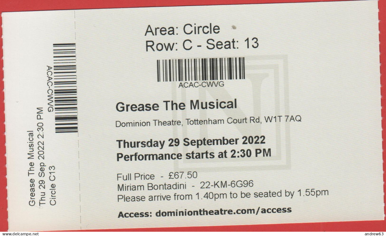 GB - Regno Unito - GREAT BRITAIN - UK - Londra - Dominion Theatre - Ticket - Grease The Musical - Used - Toegangskaarten