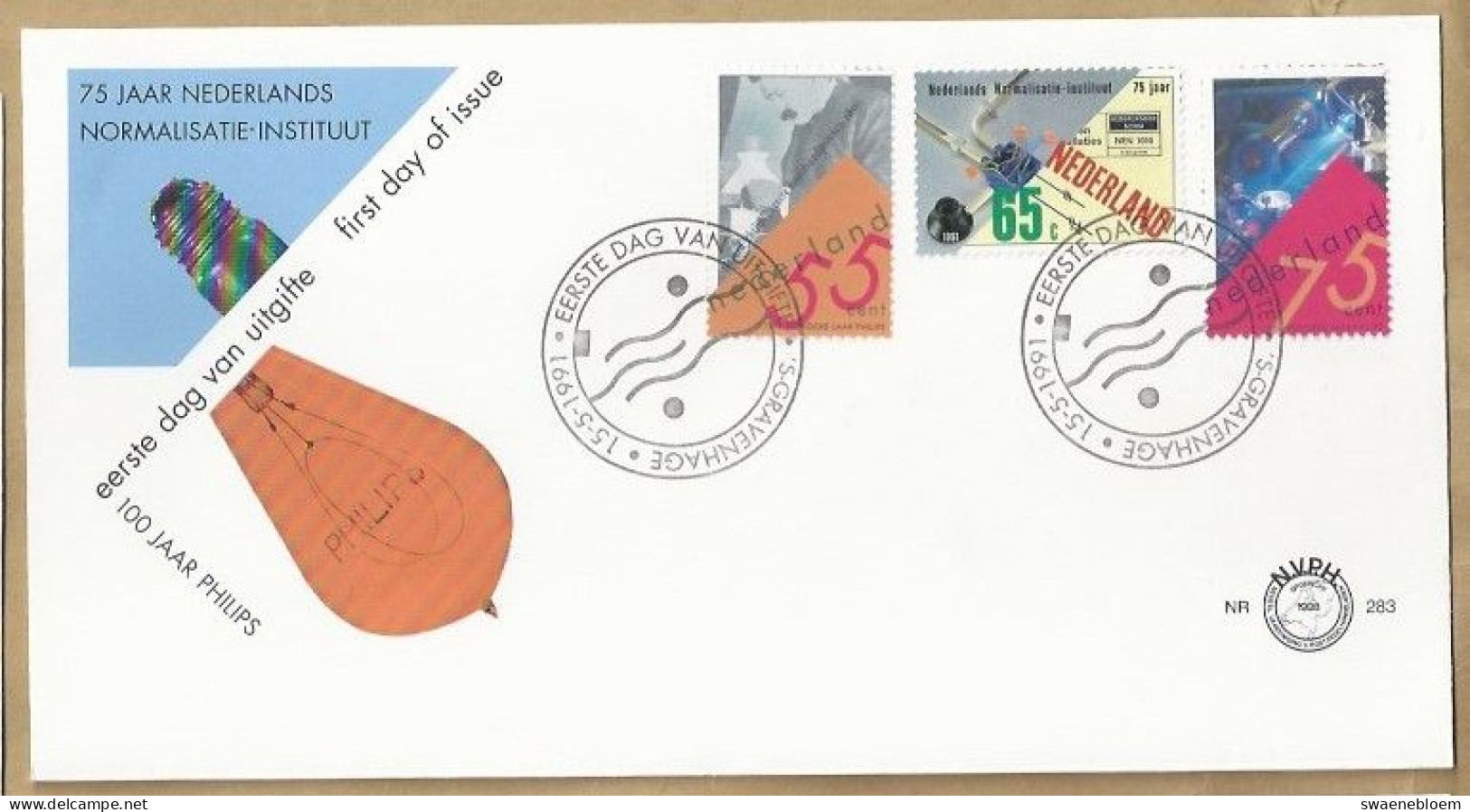 NL.- FDC. NVPH Nr. 283. EERSTE DAG VAN UITGIFTE. FIRST DAY OF ISSUE. 15-05-1991. 100 JAAR PHILIPS. 75 JAAR NED. NOR. IN. - FDC