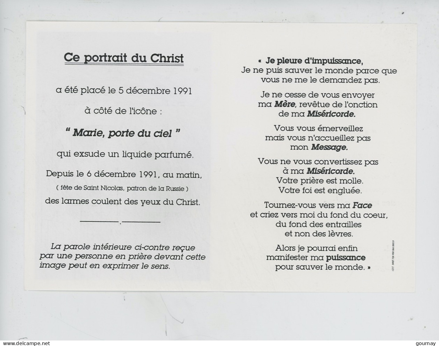 Portrait De Christ Larmes "Marie Porte Du Ciel Exsude Un Parfum" 5 Décembre 1991 Église Russe Orthodoxe De Montréal - Santos