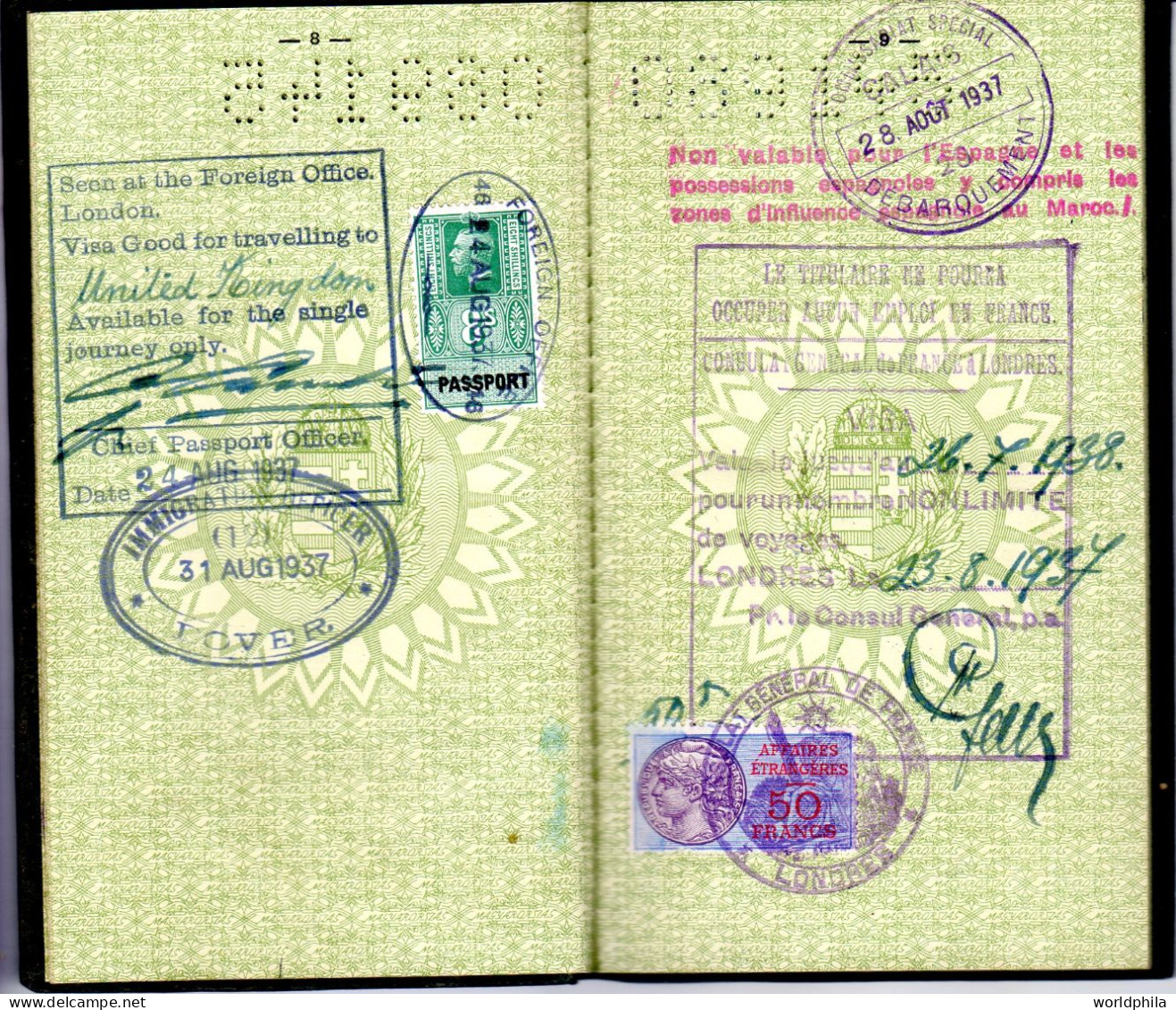 Hungary / Ungarn 1937  History Travel Document, Europe, 3 Revenue Stamps. +1932,3 2 Italy Visit Documents - Historische Documenten