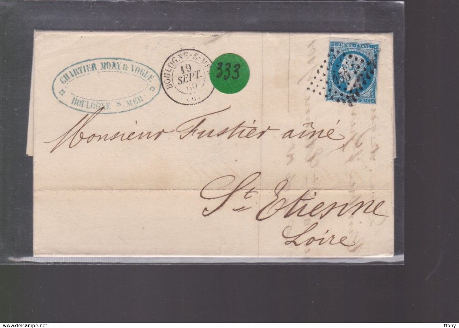 Un  Timbre  Napoléon III   N° 14  20 C Bleu  Lettre Boulogne -Sur - Mer  à Calais  1860  Pour St Etienne Pc 455 - 1853-1860 Napoléon III