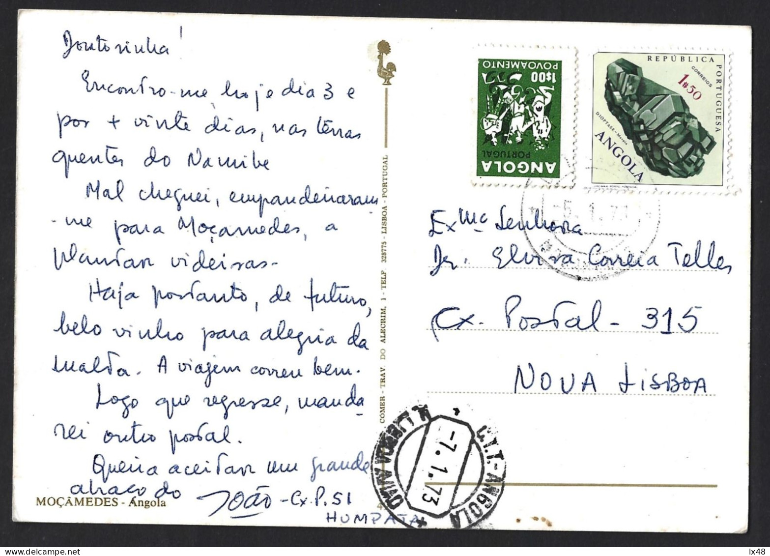 Postal De Moçamedes, Angola Circulado Para Nova Lisboa, Stamps Povoamento E Mineral Dioptase. - Angola