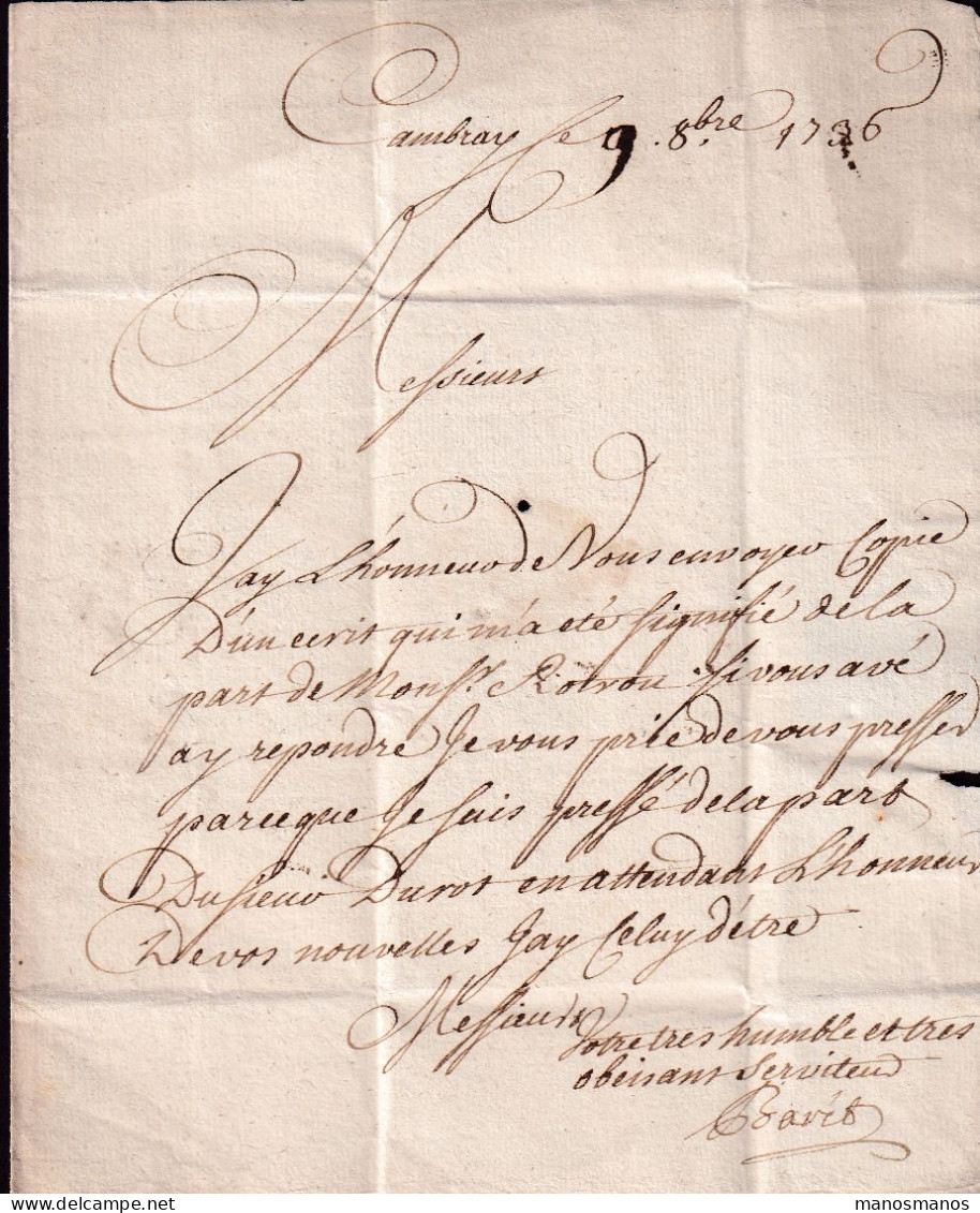 DDGG 059 - Lettre Précurseur Marque Manuscrite CAMBRAY 1736 Vers AVESNES En Haynaut - Port à L'encre (2 Barré) 4 Sols - 1701-1800: Vorläufer XVIII