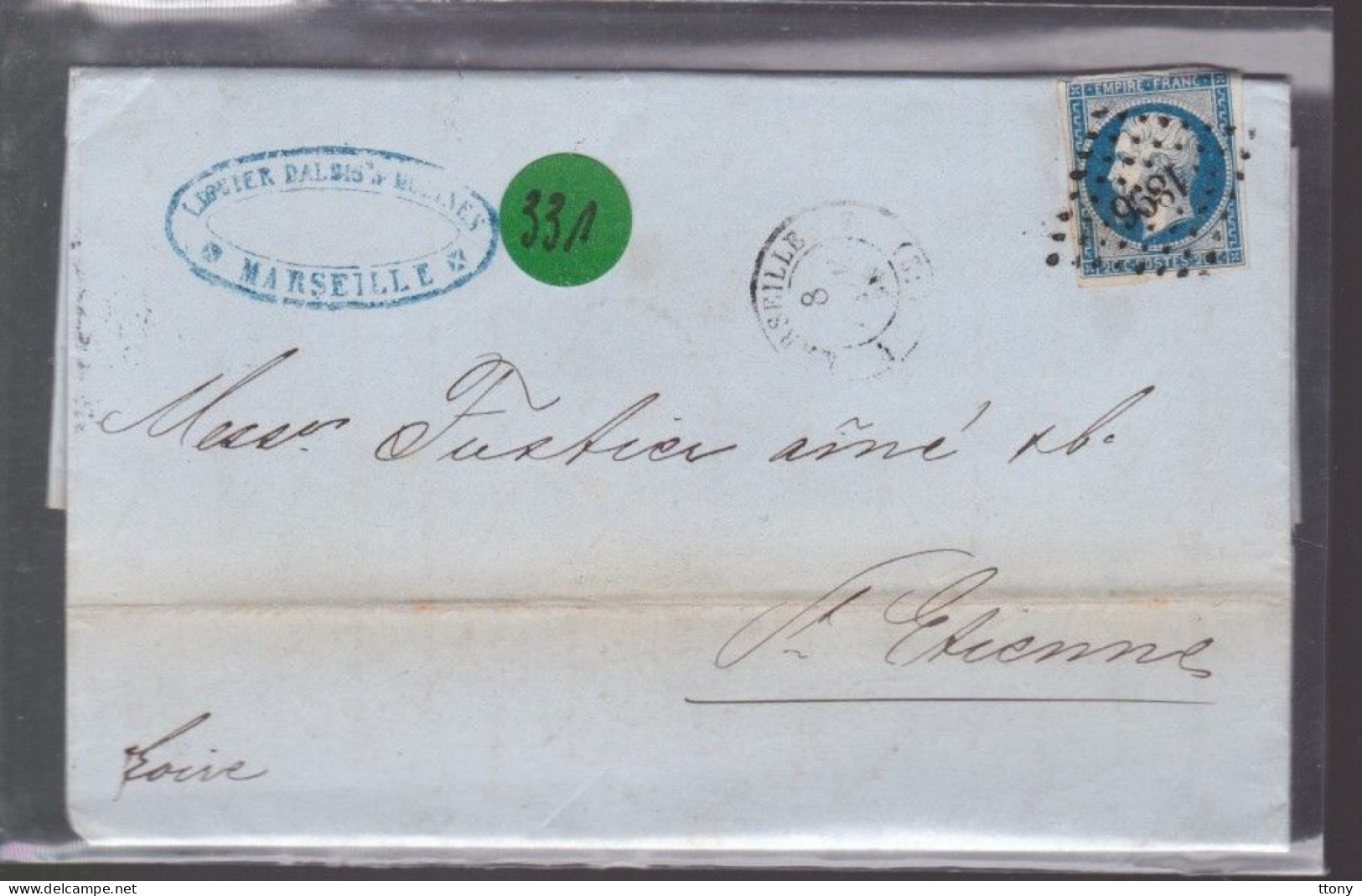 Un  Timbre  Napoléon III   N° 14  20 C Bleu  Lettre Départ Marseille   1855  Pour St Etienne Pc 1896 - 1853-1860 Napoléon III.