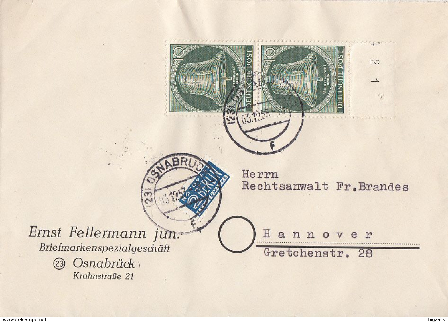 Berlin Brief Mef Minr.2x 102 Osnabrück 3.12.53 Gel. Nach Hannover - Briefe U. Dokumente