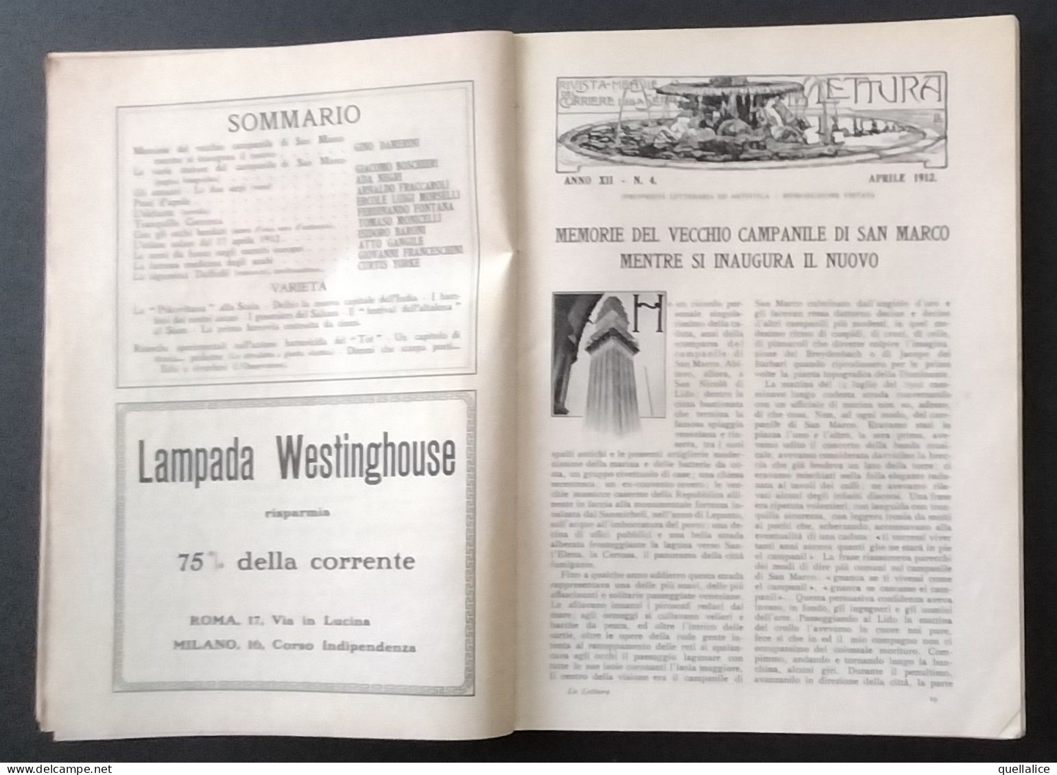 03926 "LA LETTURA - RIVISTA MENSILE ILLUSTRATA DEL CORRIERE DELLA SERA  - ANNO XII N. 4 APRILE 1912" ORIG. - Other & Unclassified