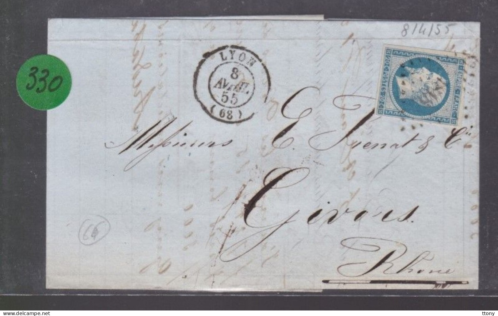 Un  Timbre  Napoléon III   N° 14  20 C Bleu  Lettre Départ Lyon     1855  Pour Givors - 1853-1860 Napoléon III