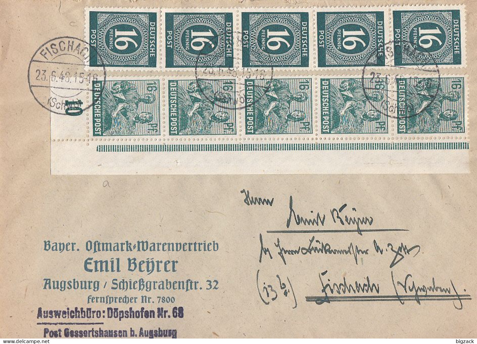 All. Besetzung Zehnfach Ortsrief Mif Minr.5x 923,5x 949 UER Fischach 23.6.48 - Storia Postale