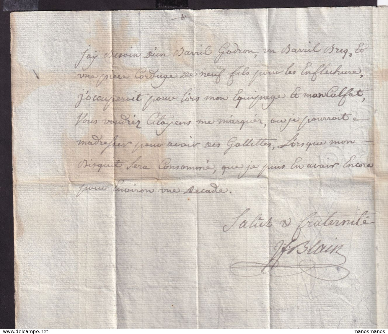 DDGG 060 - Lettre Précurseur An 3 LA CHAINE DU PORT Vers MARSEILLE - Désinfectée - D'un Capitaine De Navire Au LAZARET - 1701-1800: Precursors XVIII