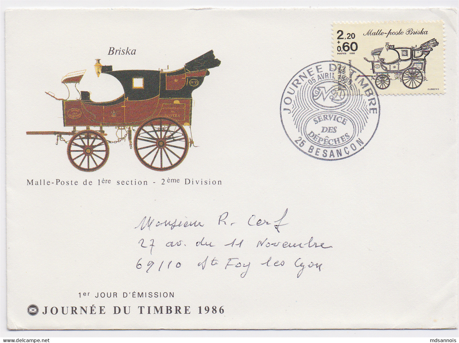 Journée Du Timbre Timbre 1986 N° 2411 Malle-Poste Briska 28 Besancon  05 Avril 1986 - Commemorative Postmarks