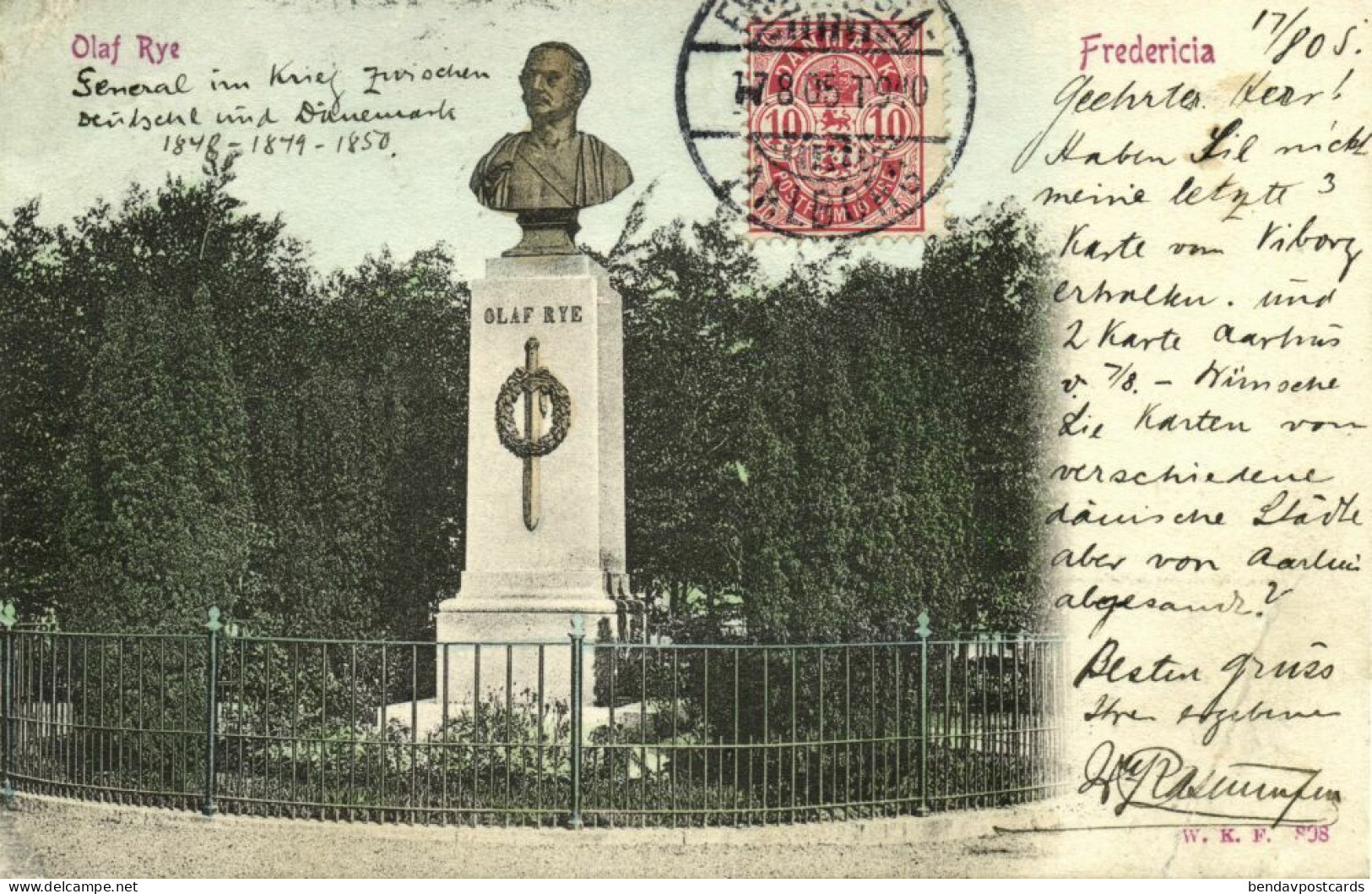 Denmark, FREDERICIA, Olaf Rye, Statue Monument (1905) Postcard - Denmark