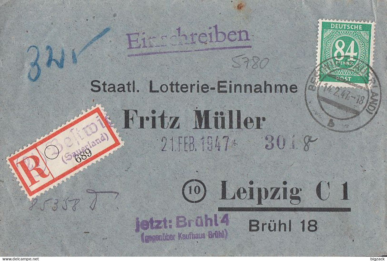 Gemeina. R-Brief EF Minr.936 Bestwig 14.2.47 Gel. Nach Leipzig - Storia Postale