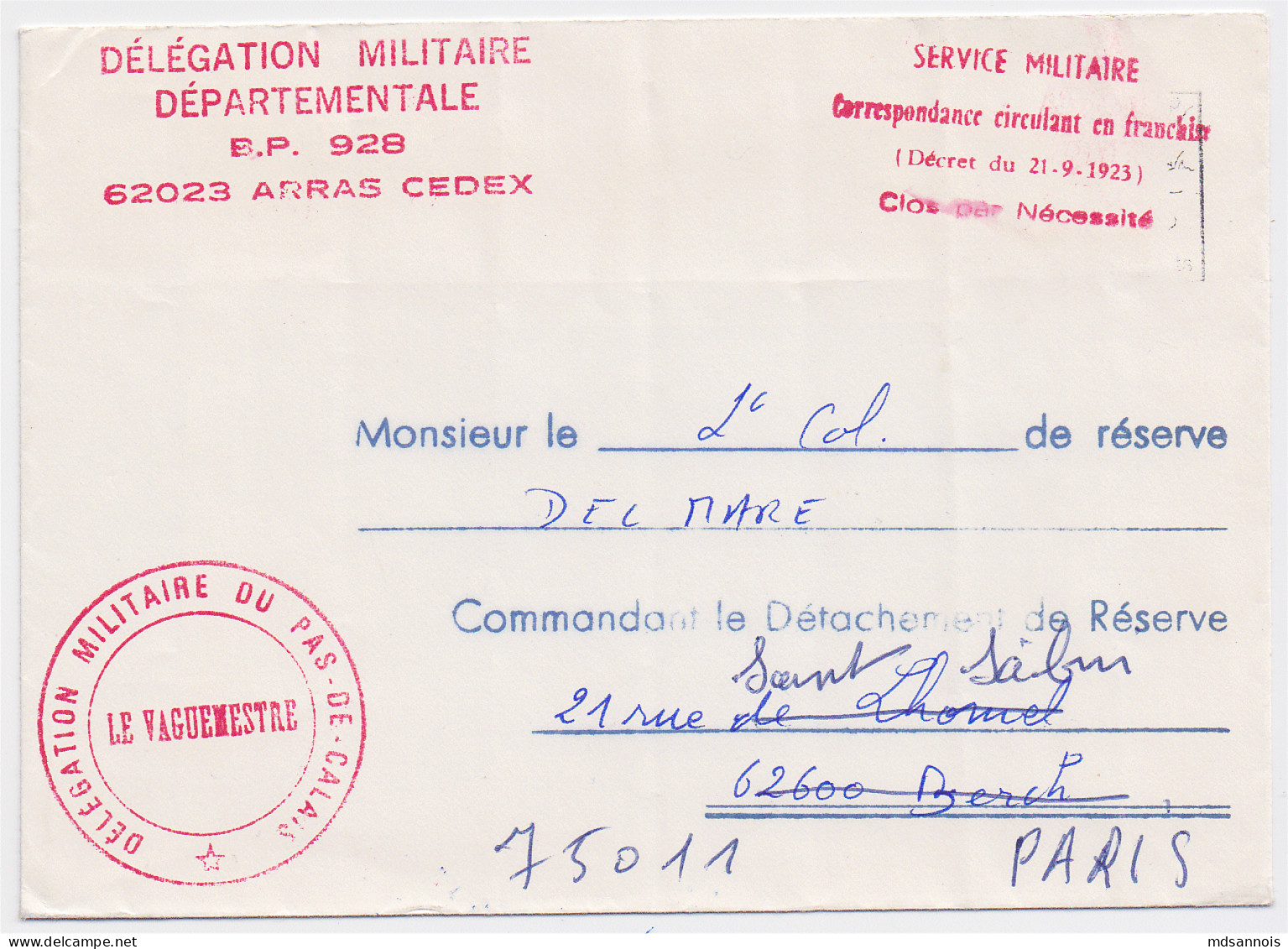 Enveloppe Délégation Militaire Départementale 62023 ARRAS Franchise Au Dos Cachet BERCK Plage 10 Novembre 1977 - Military Postmarks From 1900 (out Of Wars Periods)