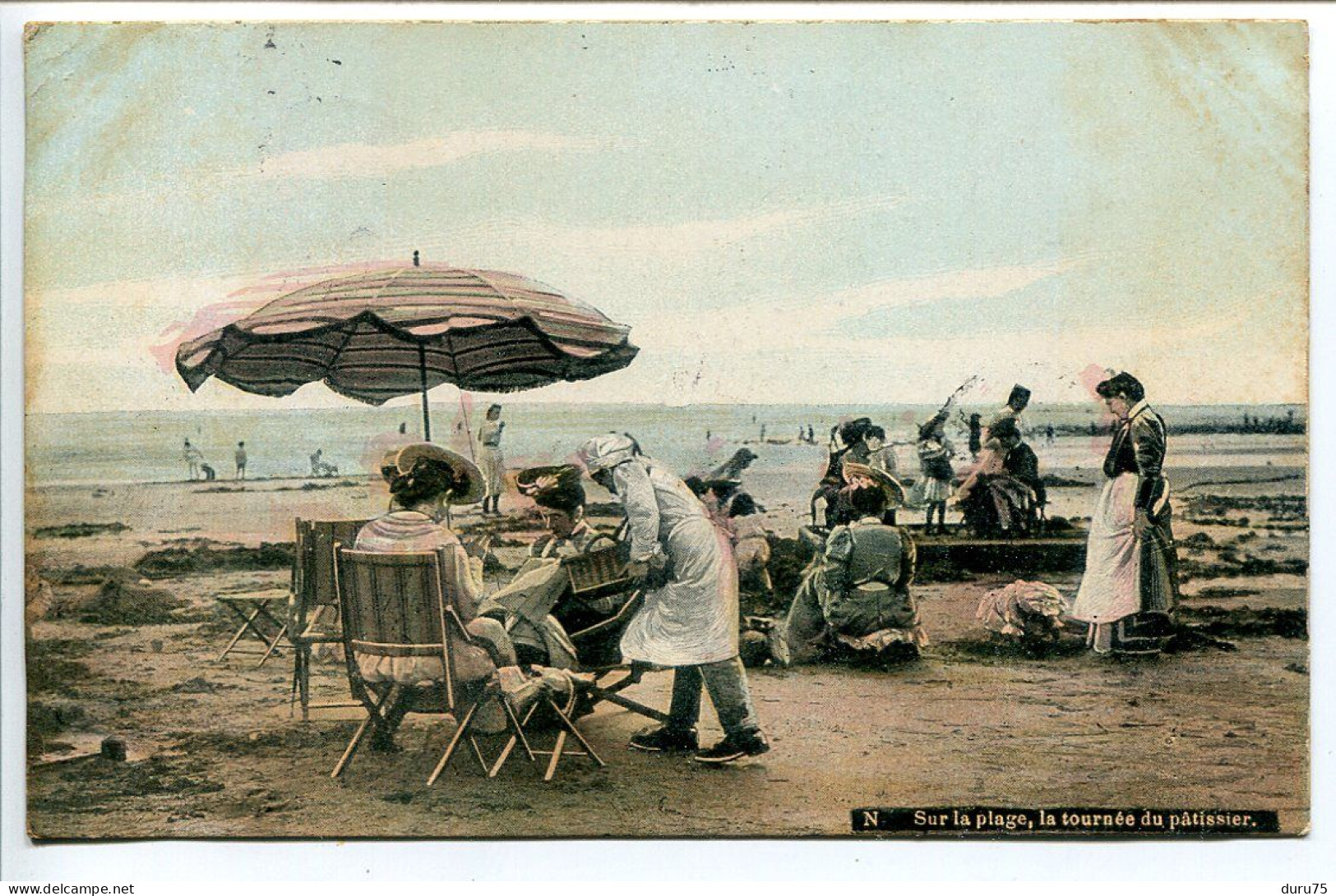 CPA Couleur Voyagé 1908 * Sur La Plage La Tournée Du Pâtissier ( Très Animée Femme élégante) Cachet Postal EU Seine Infé - Eu