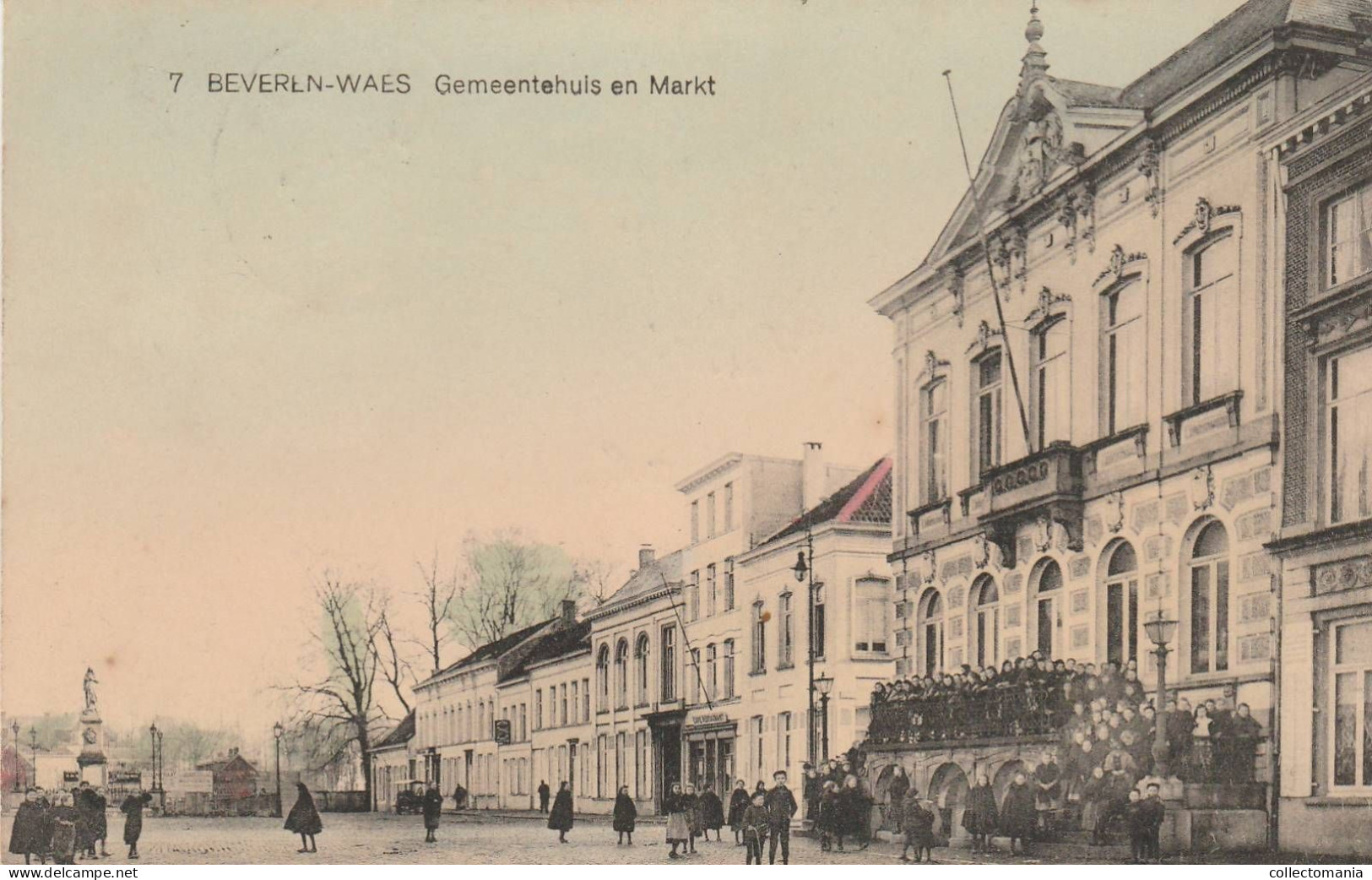 4 Oude Postkaarten Beveren -Waes Statiestraat   Grote Markt   Zandstraat Café De Graanmaat   Gemeentehuis 1924 - Beveren-Waas