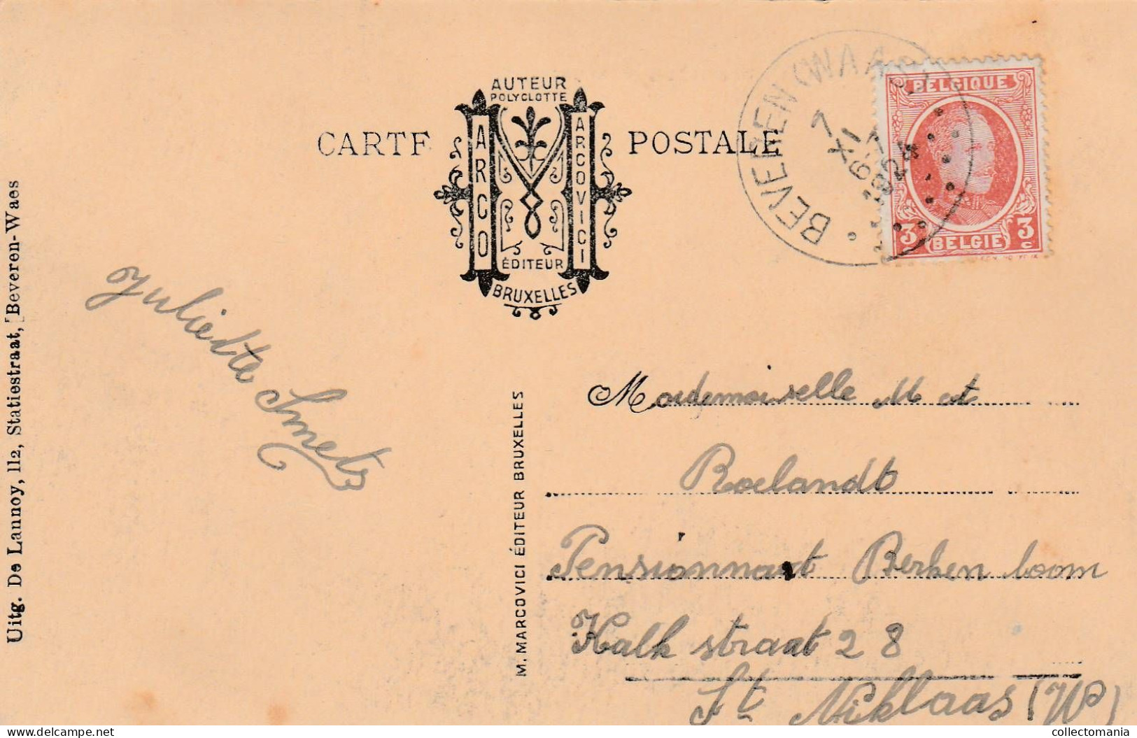 4 oude postkaarten Beveren -Waes Statiestraat   Grote Markt   Zandstraat Café De Graanmaat   Gemeentehuis 1924