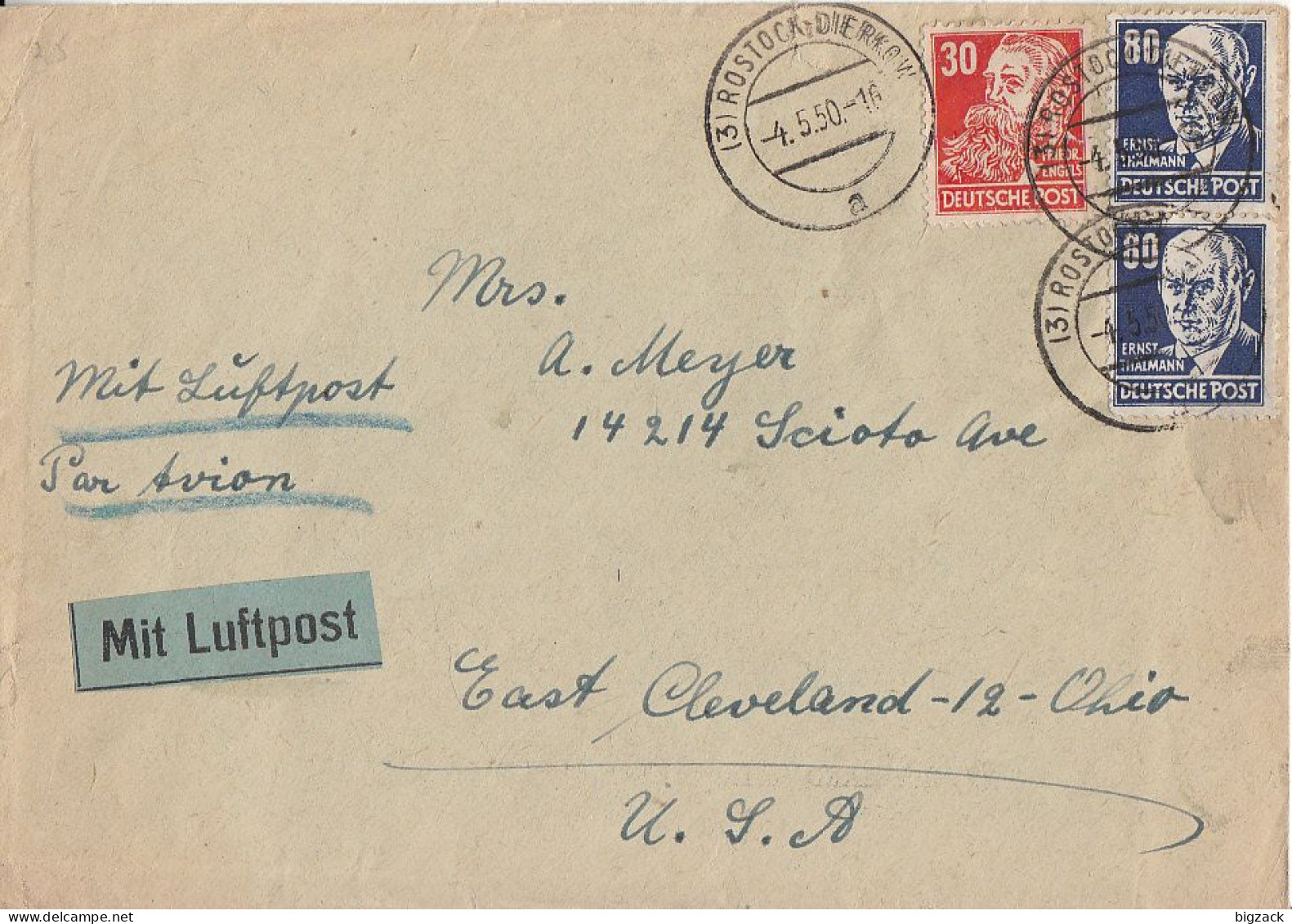 SBZ Brief Luftpost Mif Minr.222,2x 226 Rostock 4.5.50 Gel. In USA - Lettres & Documents